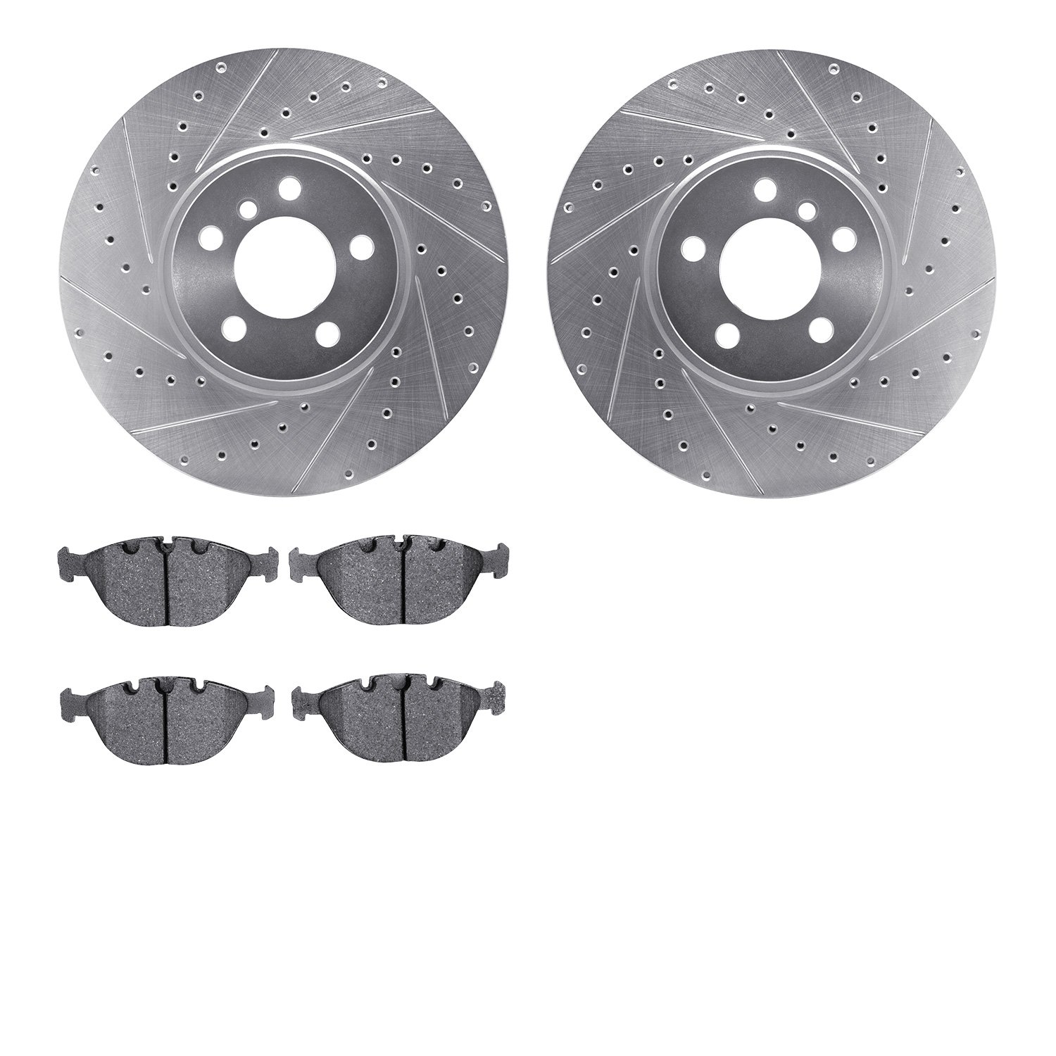 7502-31124 Drilled/Slotted Brake Rotors w/5000 Advanced Brake Pads Kit [Silver], 2002-2006 BMW, Position: Front