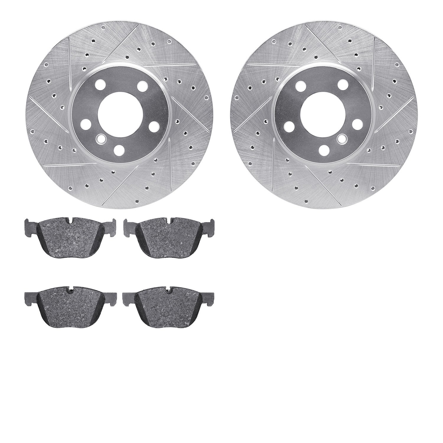 7502-31132 Drilled/Slotted Brake Rotors w/5000 Advanced Brake Pads Kit [Silver], 2007-2014 BMW, Position: Front