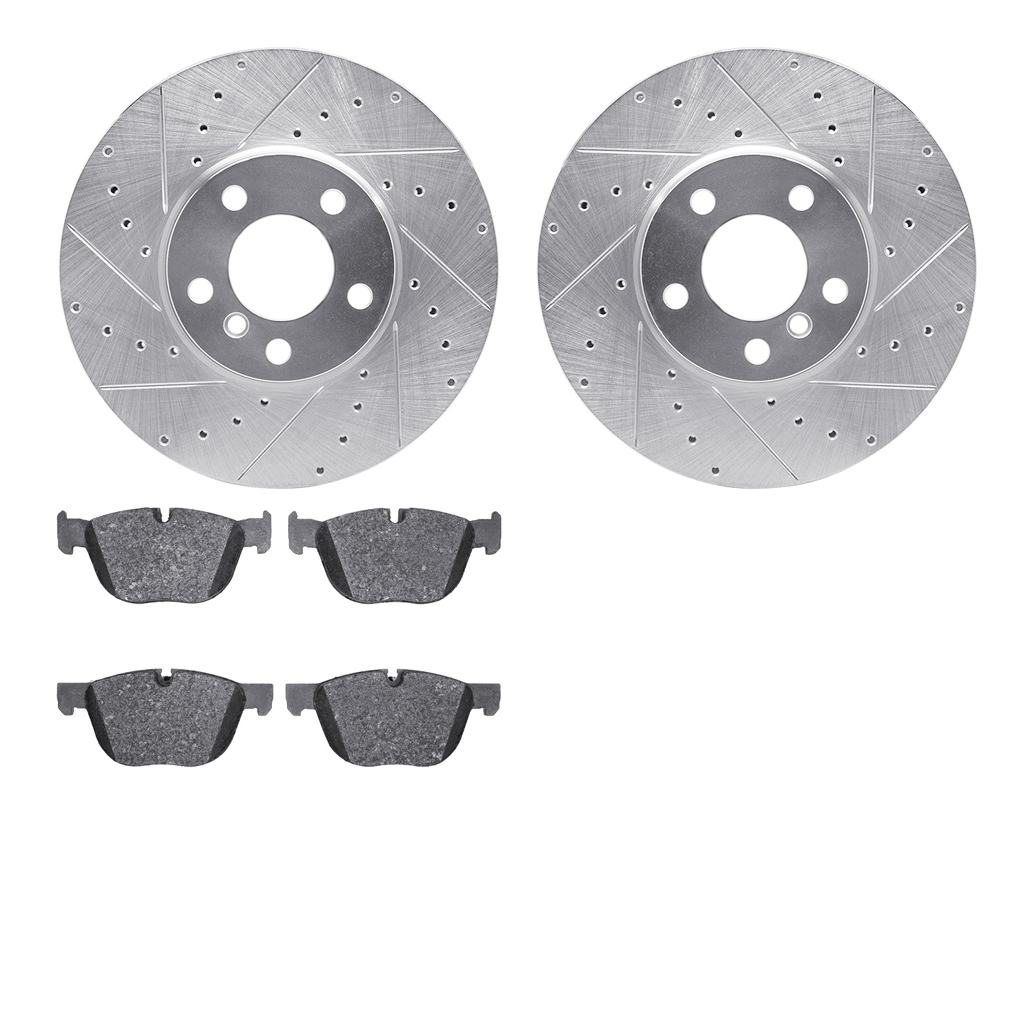 7502-31133 Drilled/Slotted Brake Rotors w/5000 Advanced Brake Pads Kit [Silver], 2014-2019 BMW, Position: Front