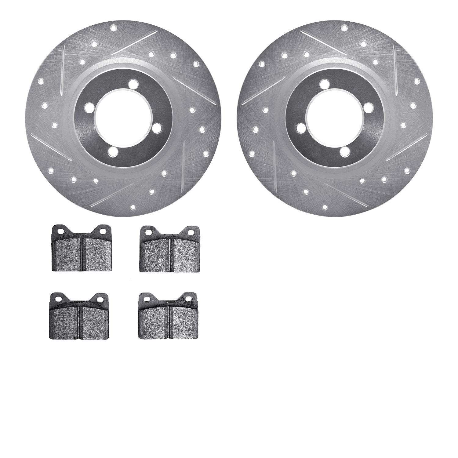 7502-31140 Drilled/Slotted Brake Rotors w/5000 Advanced Brake Pads Kit [Silver], 1969-1976 BMW, Position: Front