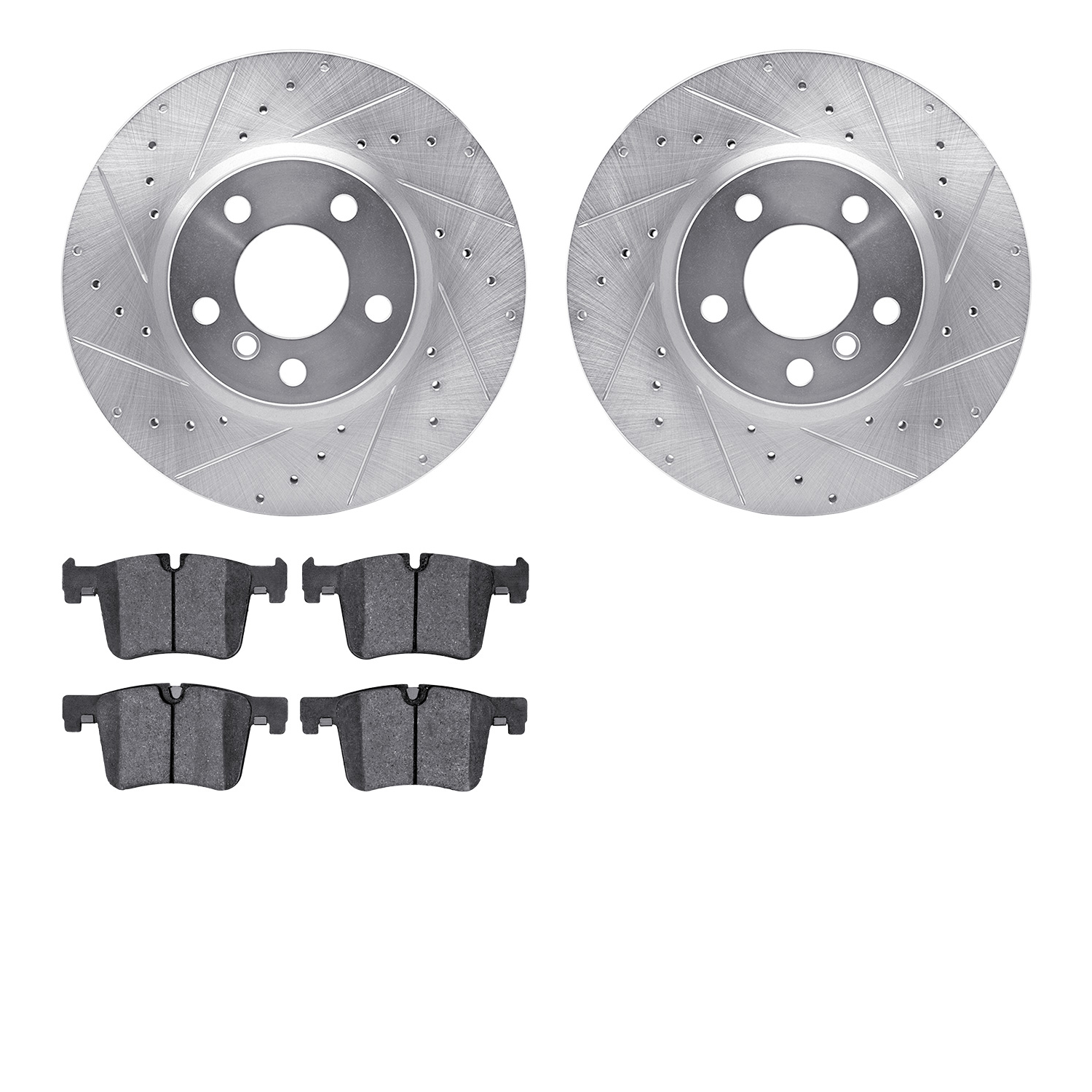 7502-31142 Drilled/Slotted Brake Rotors w/5000 Advanced Brake Pads Kit [Silver], 2015-2018 BMW, Position: Front
