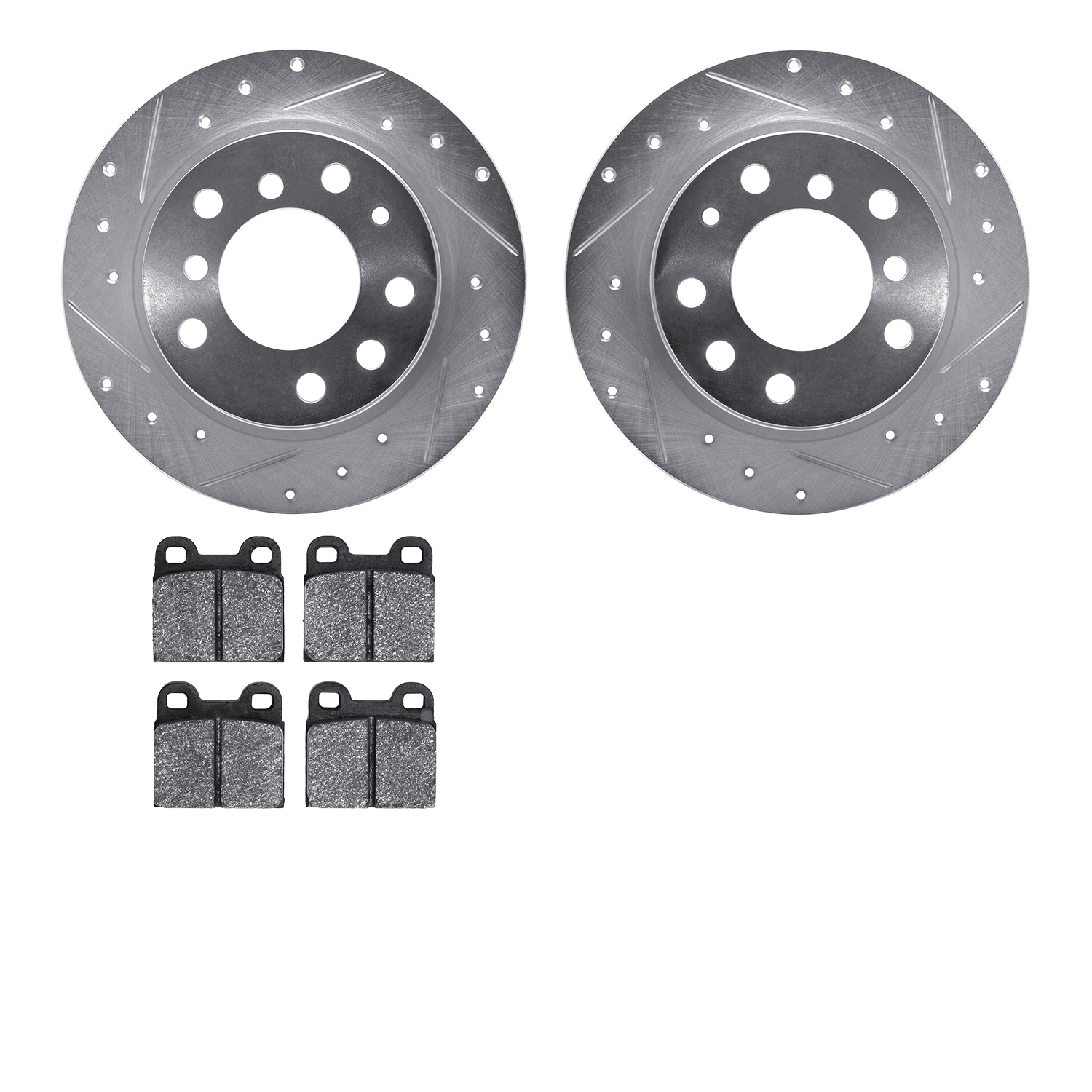 7502-31150 Drilled/Slotted Brake Rotors w/5000 Advanced Brake Pads Kit [Silver], 1969-1978 BMW, Position: Rear
