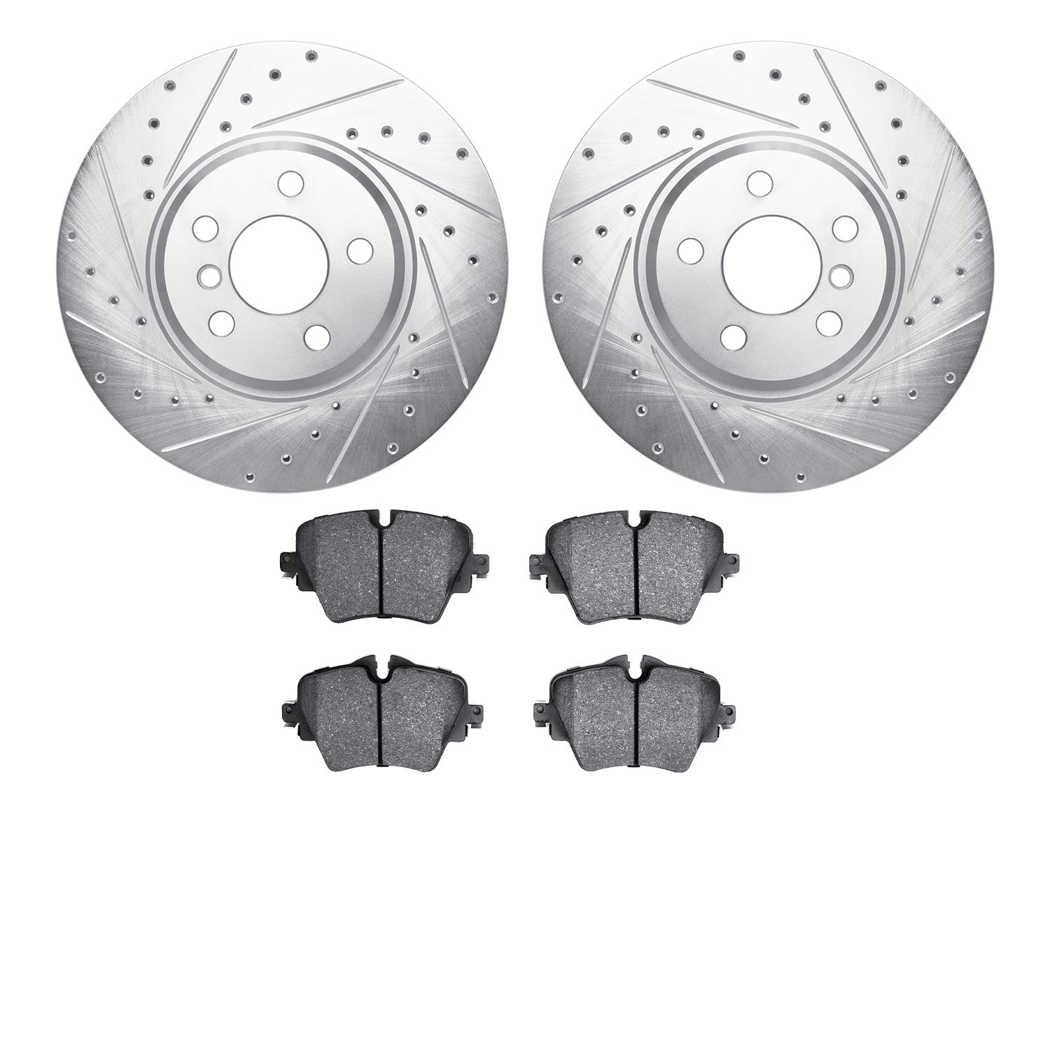 7502-31165 Drilled/Slotted Brake Rotors w/5000 Advanced Brake Pads Kit [Silver], Fits Select BMW, Position: Front