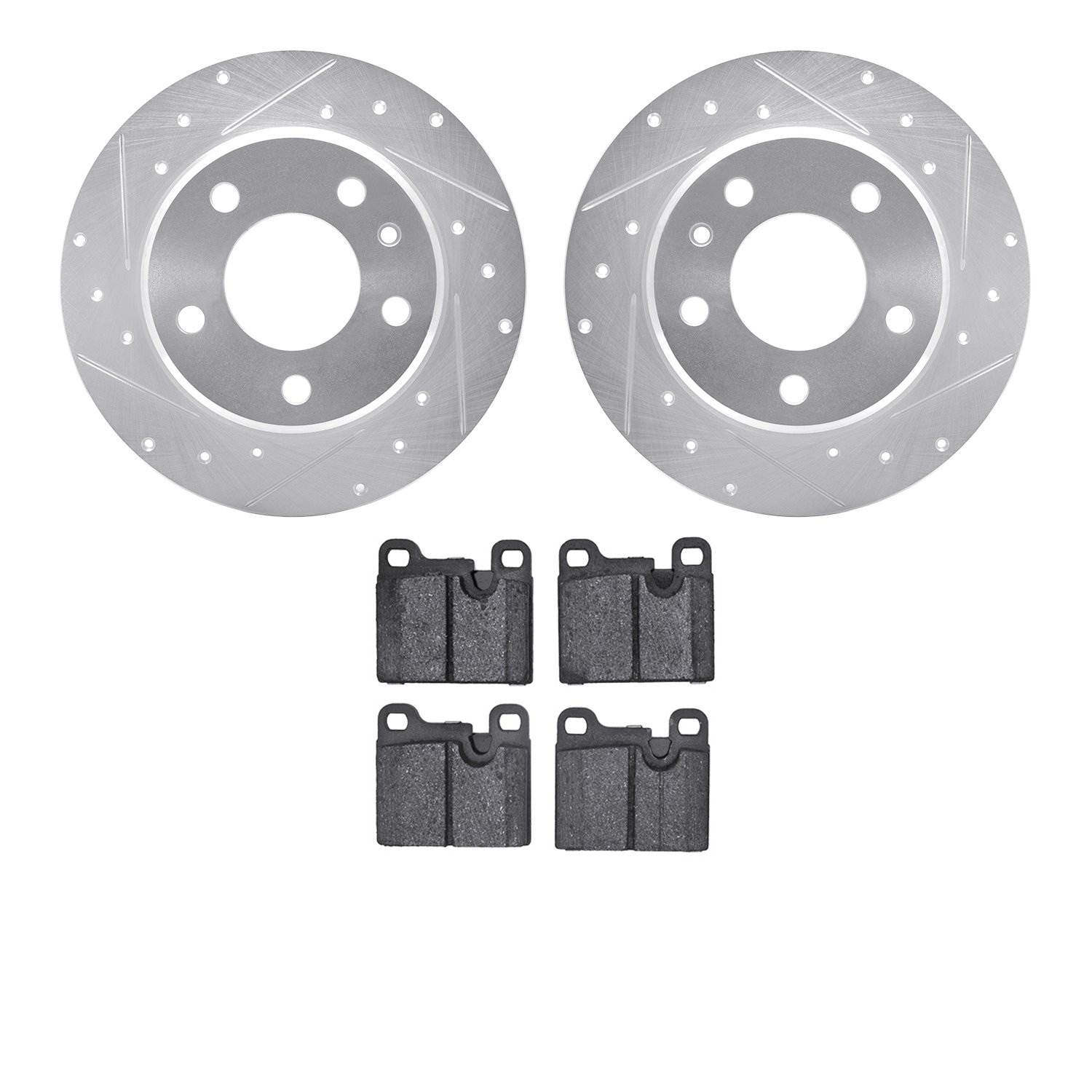 7502-31182 Drilled/Slotted Brake Rotors w/5000 Advanced Brake Pads Kit [Silver], 1978-1981 BMW, Position: Rear