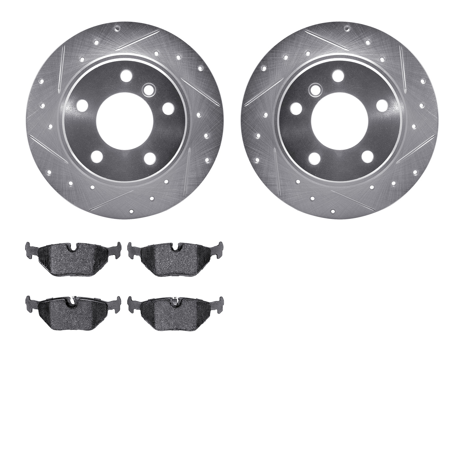 7502-31240 Drilled/Slotted Brake Rotors w/5000 Advanced Brake Pads Kit [Silver], 1991-1999 BMW, Position: Rear