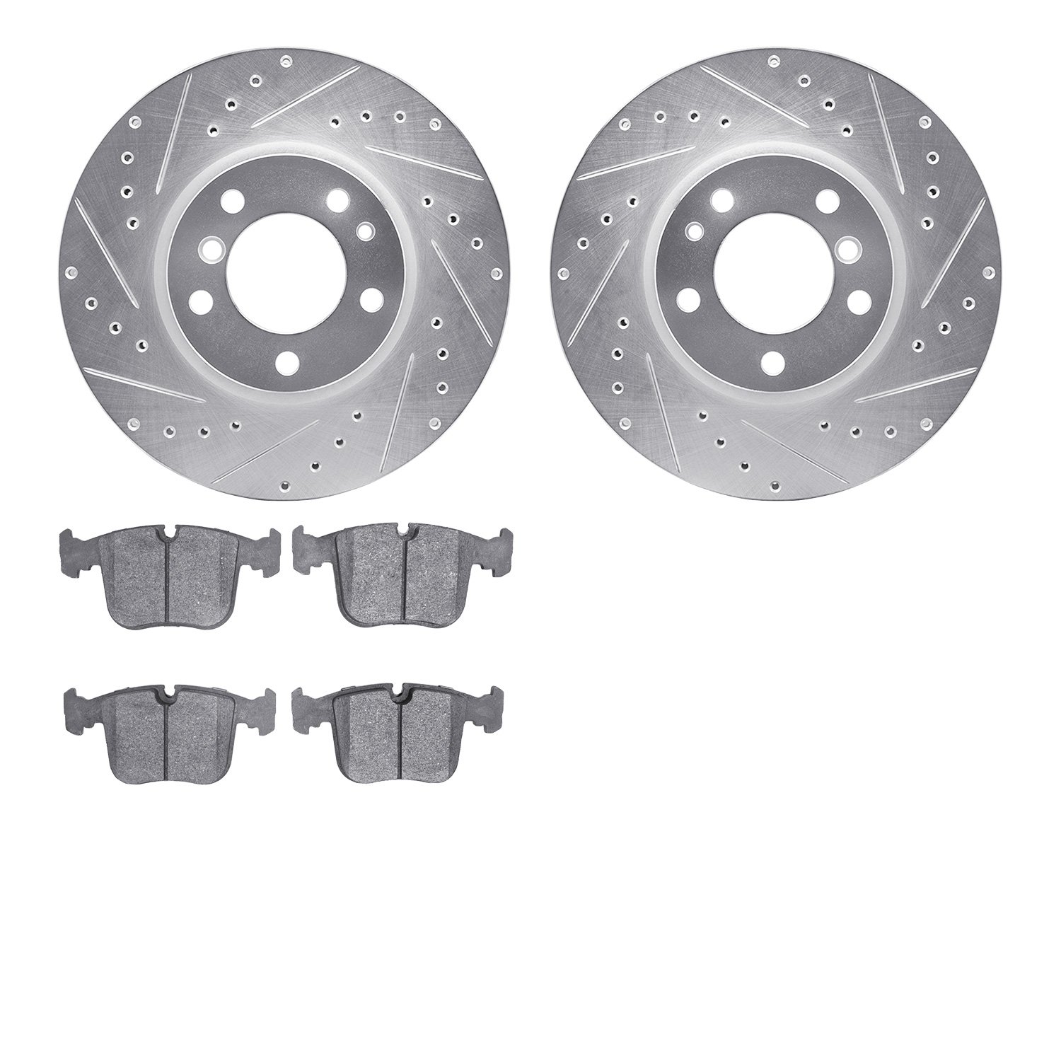 7502-31266 Drilled/Slotted Brake Rotors w/5000 Advanced Brake Pads Kit [Silver], 1994-1995 BMW, Position: Front
