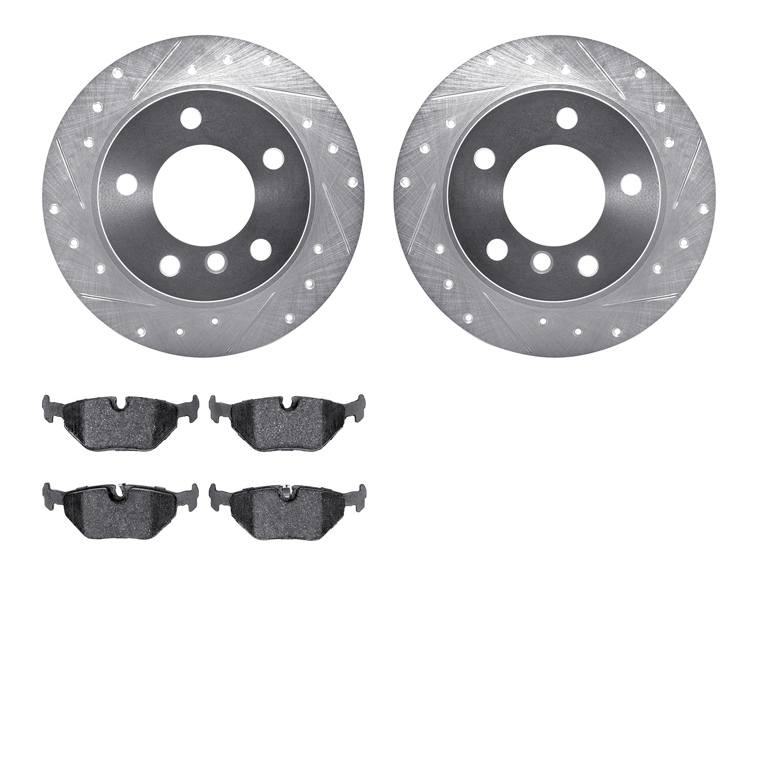 7502-31277 Drilled/Slotted Brake Rotors w/5000 Advanced Brake Pads Kit [Silver], 1995-1999 BMW, Position: Rear