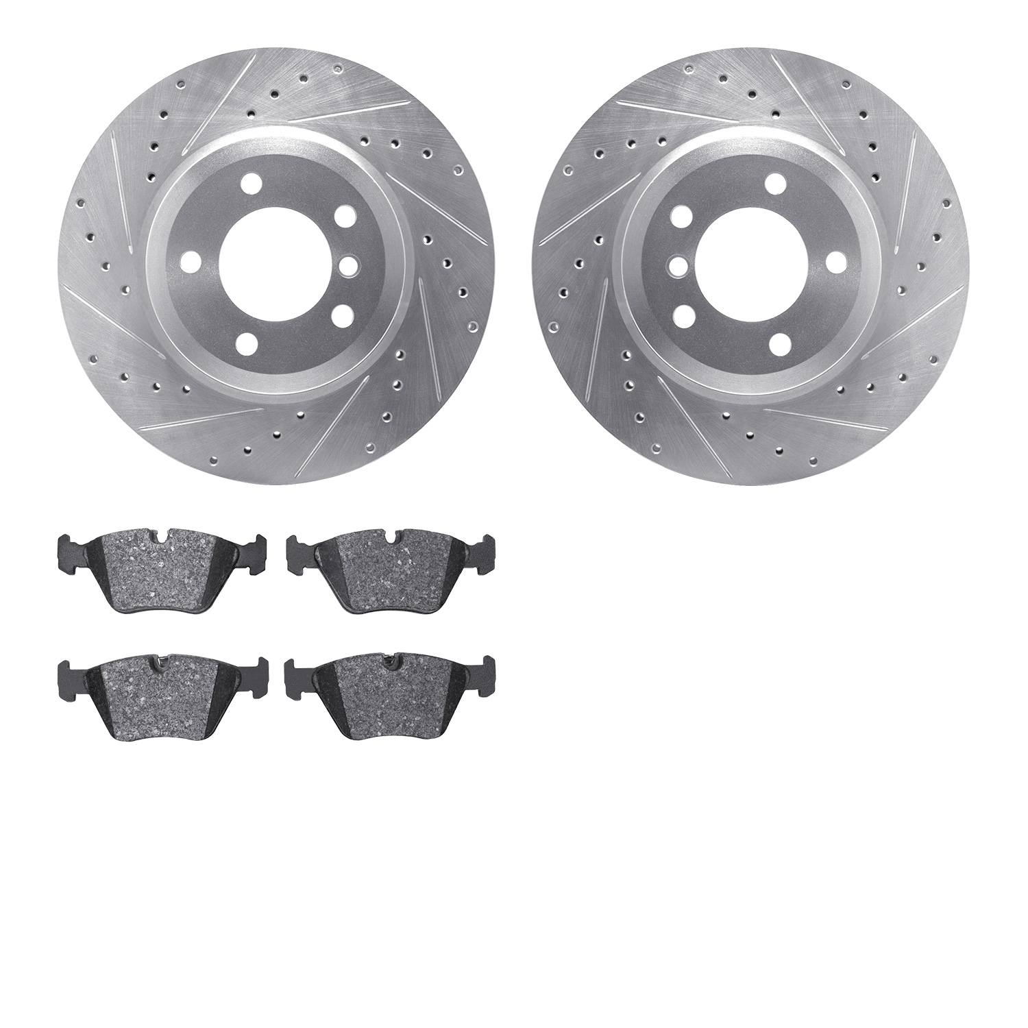 7502-31319 Drilled/Slotted Brake Rotors w/5000 Advanced Brake Pads Kit [Silver], 2001-2008 BMW, Position: Front