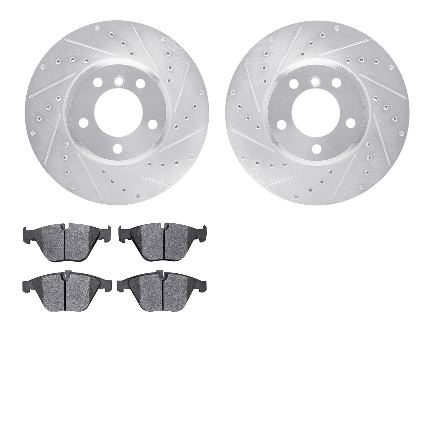 7502-31379 Drilled/Slotted Brake Rotors w/5000 Advanced Brake Pads Kit [Silver], 2004-2010 BMW, Position: Front