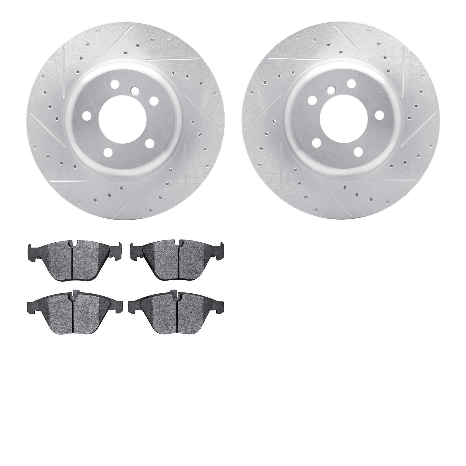 7502-31388 Drilled/Slotted Brake Rotors w/5000 Advanced Brake Pads Kit [Silver], 2004-2010 BMW, Position: Front