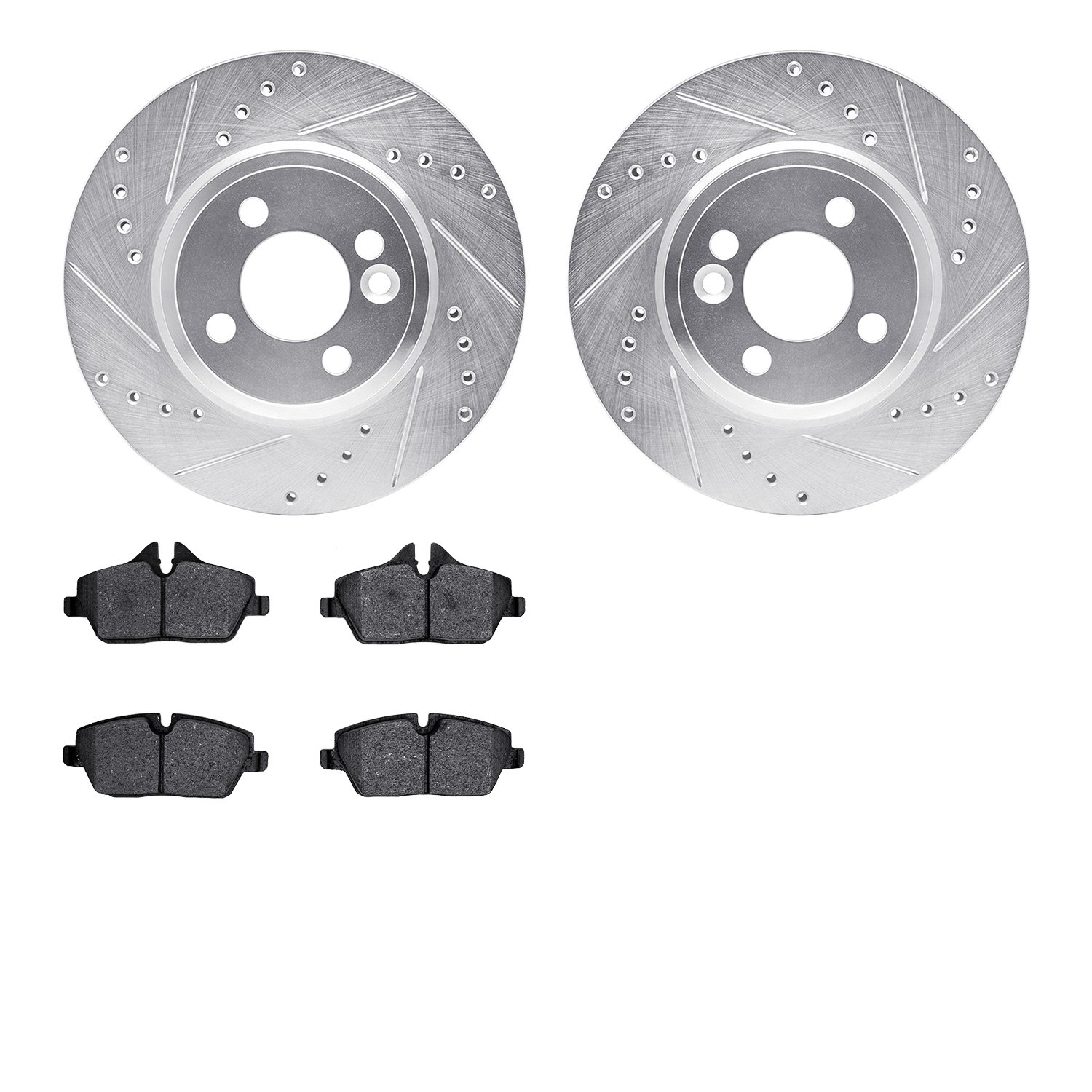 7502-32005 Drilled/Slotted Brake Rotors w/5000 Advanced Brake Pads Kit [Silver], 2007-2015 Mini, Position: Front