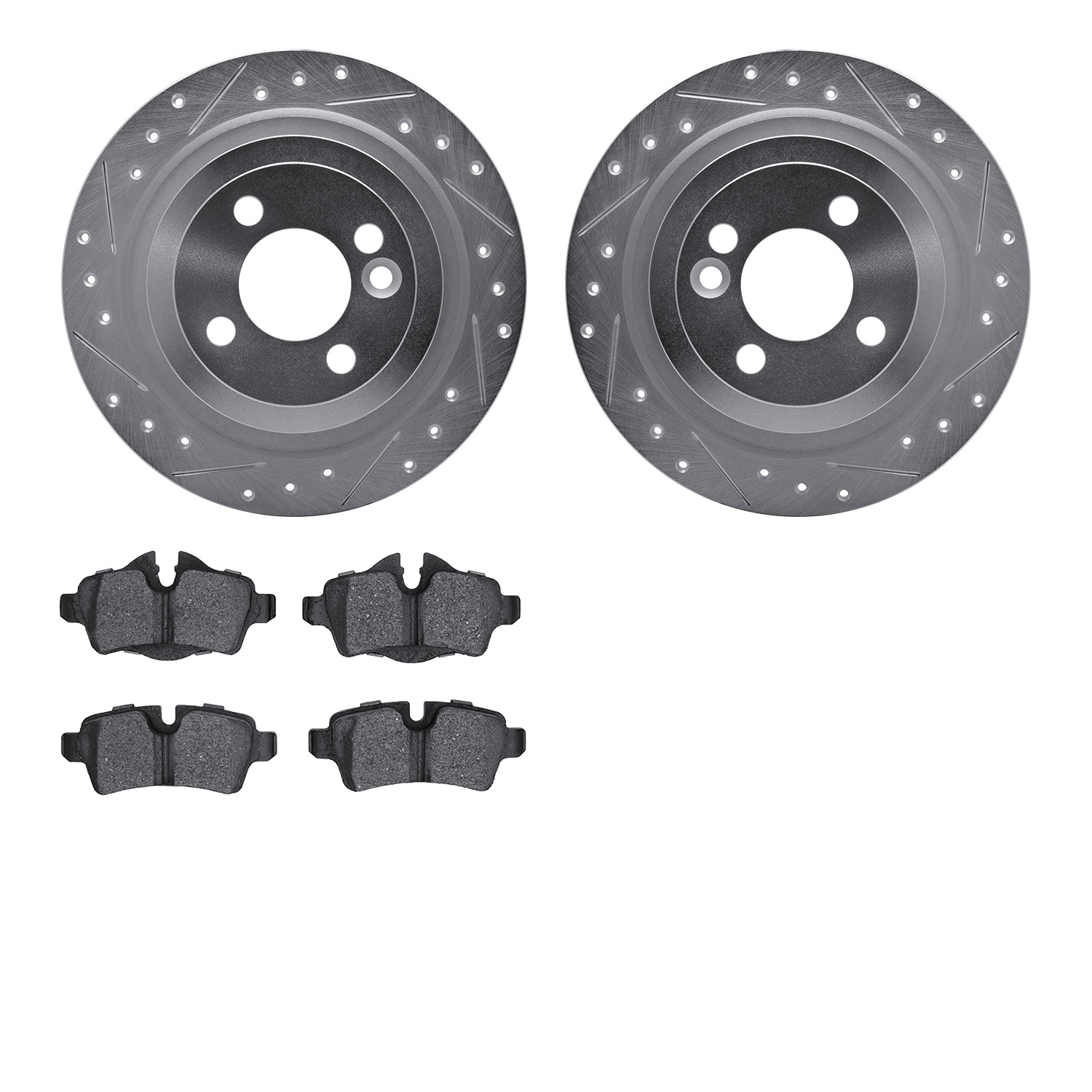 7502-32008 Drilled/Slotted Brake Rotors w/5000 Advanced Brake Pads Kit [Silver], 2009-2014 Mini, Position: Rear