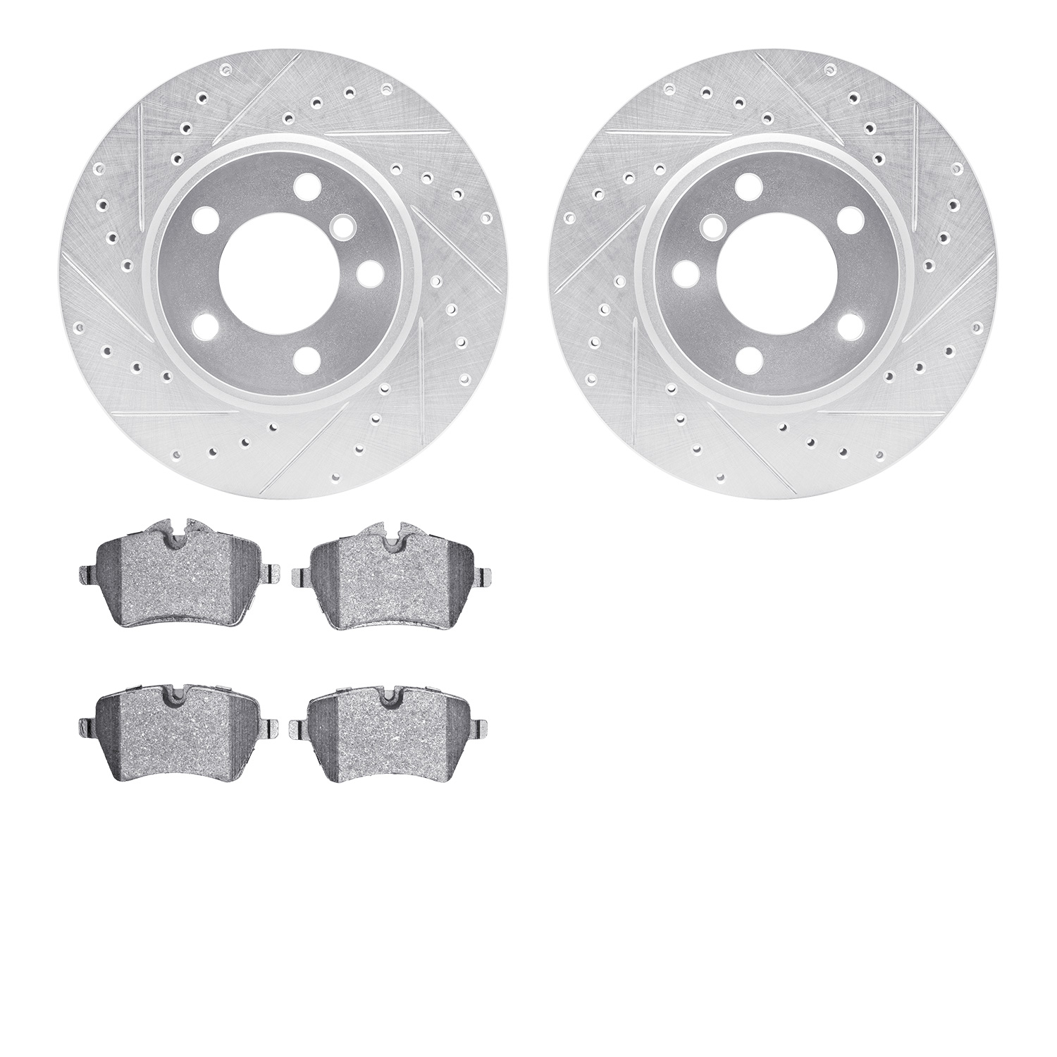 7502-32013 Drilled/Slotted Brake Rotors w/5000 Advanced Brake Pads Kit [Silver], 2011-2016 Mini, Position: Front