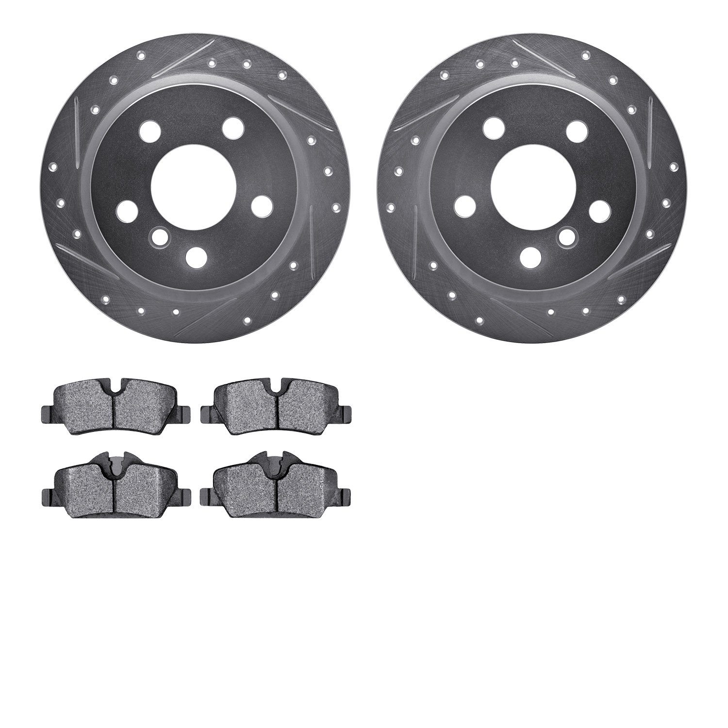 7502-32016 Drilled/Slotted Brake Rotors w/5000 Advanced Brake Pads Kit [Silver], Fits Select Mini, Position: Rear