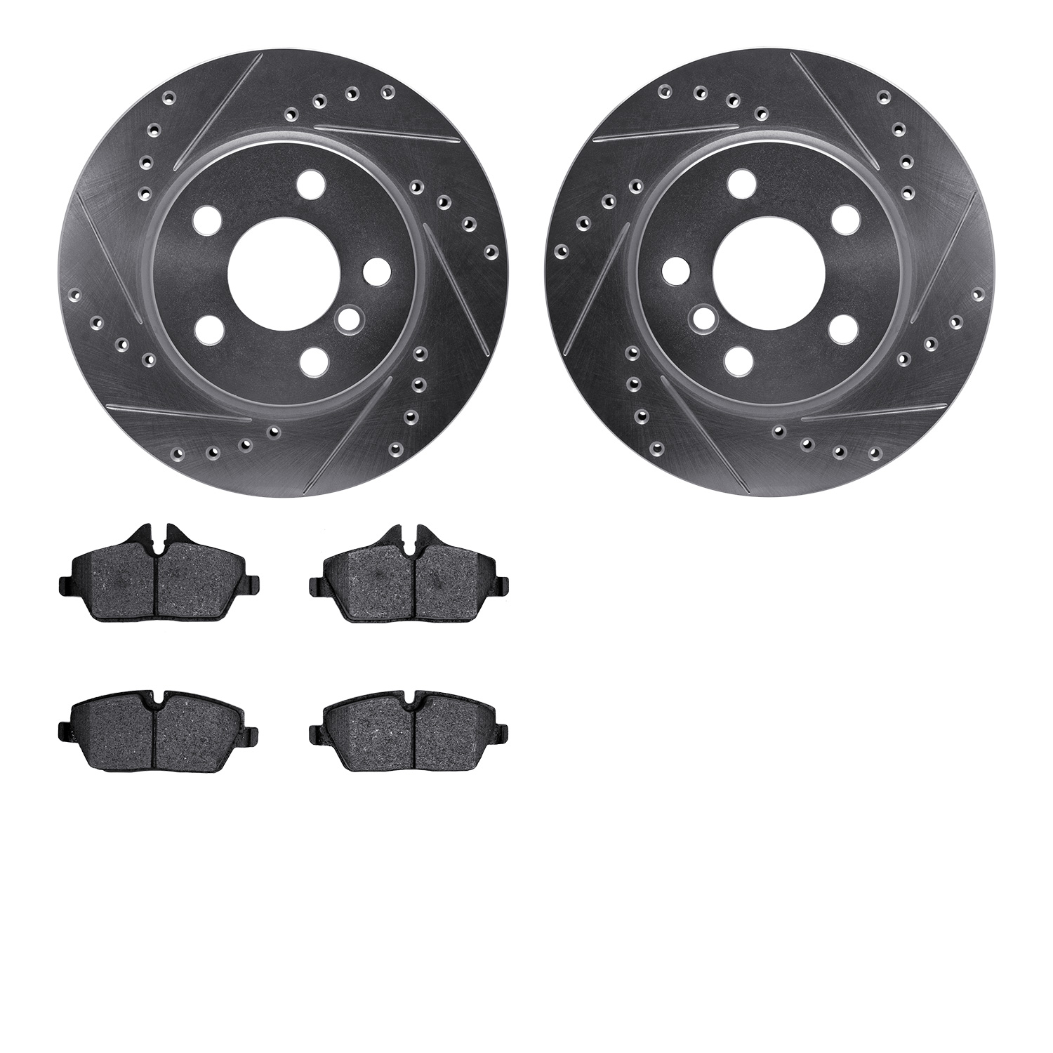 7502-32022 Drilled/Slotted Brake Rotors w/5000 Advanced Brake Pads Kit [Silver], 2014-2019 Mini, Position: Front