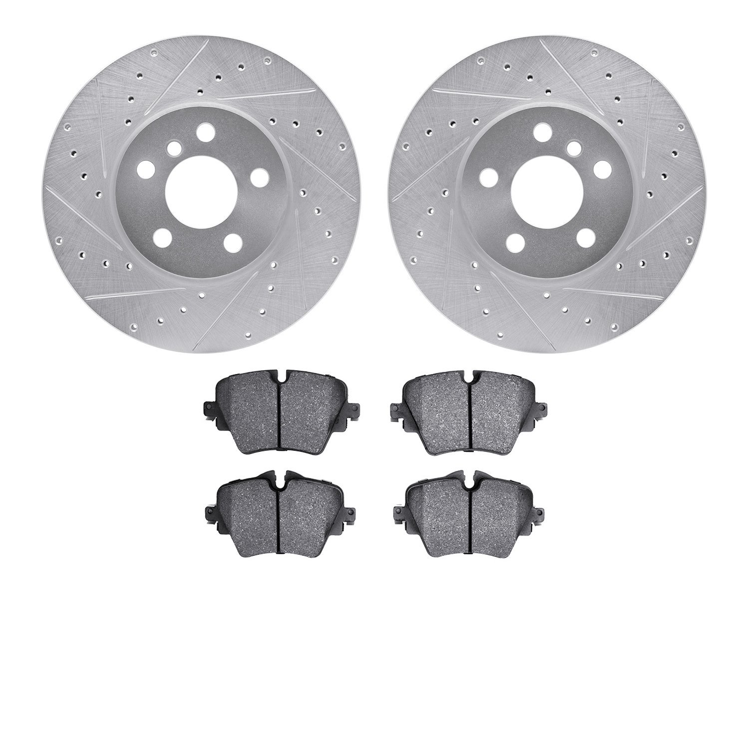 7502-32024 Drilled/Slotted Brake Rotors w/5000 Advanced Brake Pads Kit [Silver], 2016-2019 Mini, Position: Front
