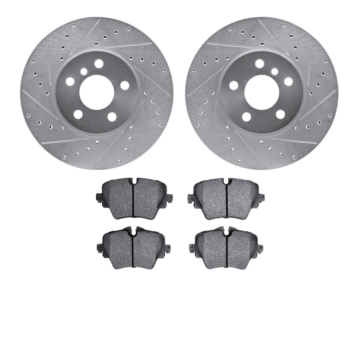 7502-32025 Drilled/Slotted Brake Rotors w/5000 Advanced Brake Pads Kit [Silver], Fits Select Mini, Position: Front