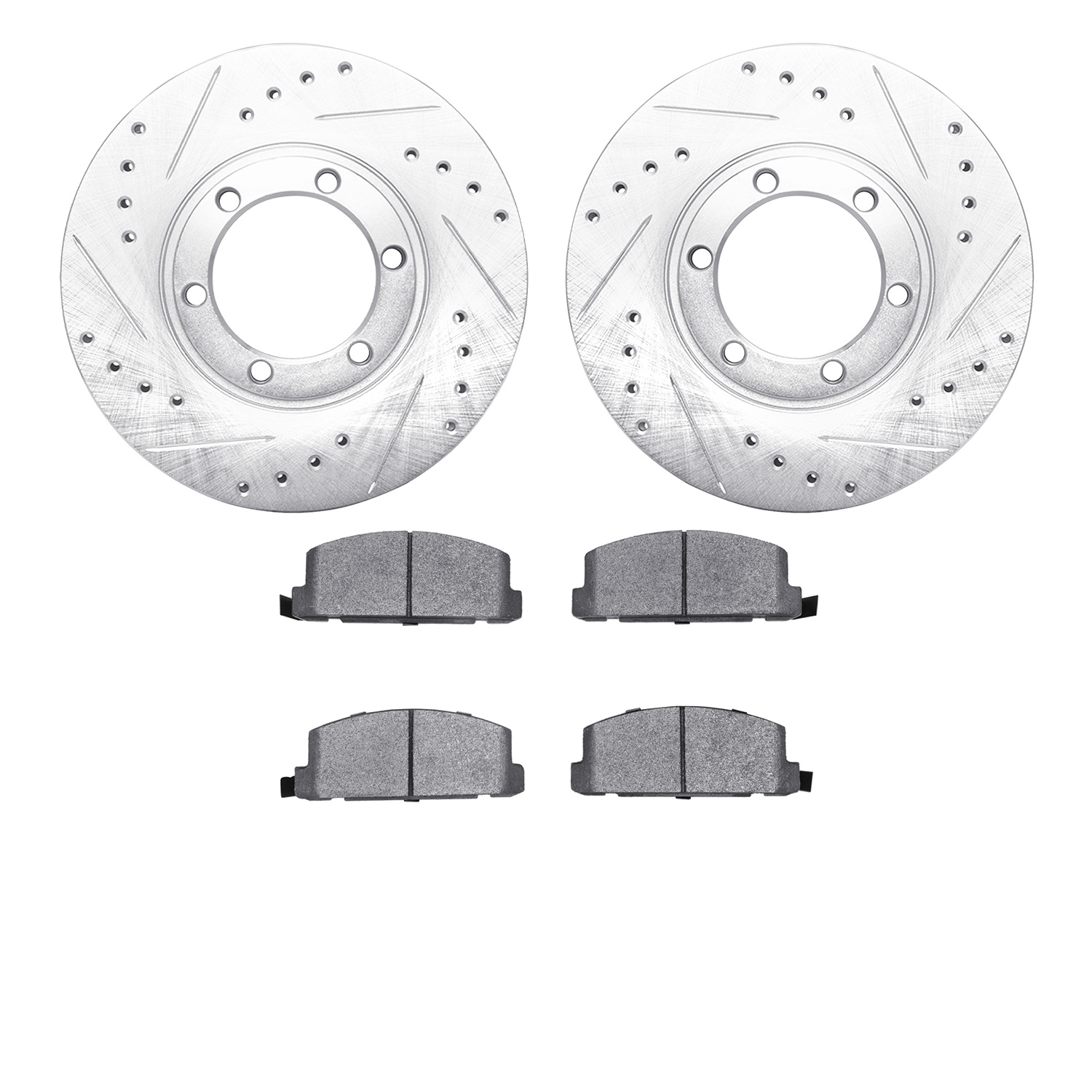 7502-37005 Drilled/Slotted Brake Rotors w/5000 Advanced Brake Pads Kit [Silver], 1986-1986 GM, Position: Front