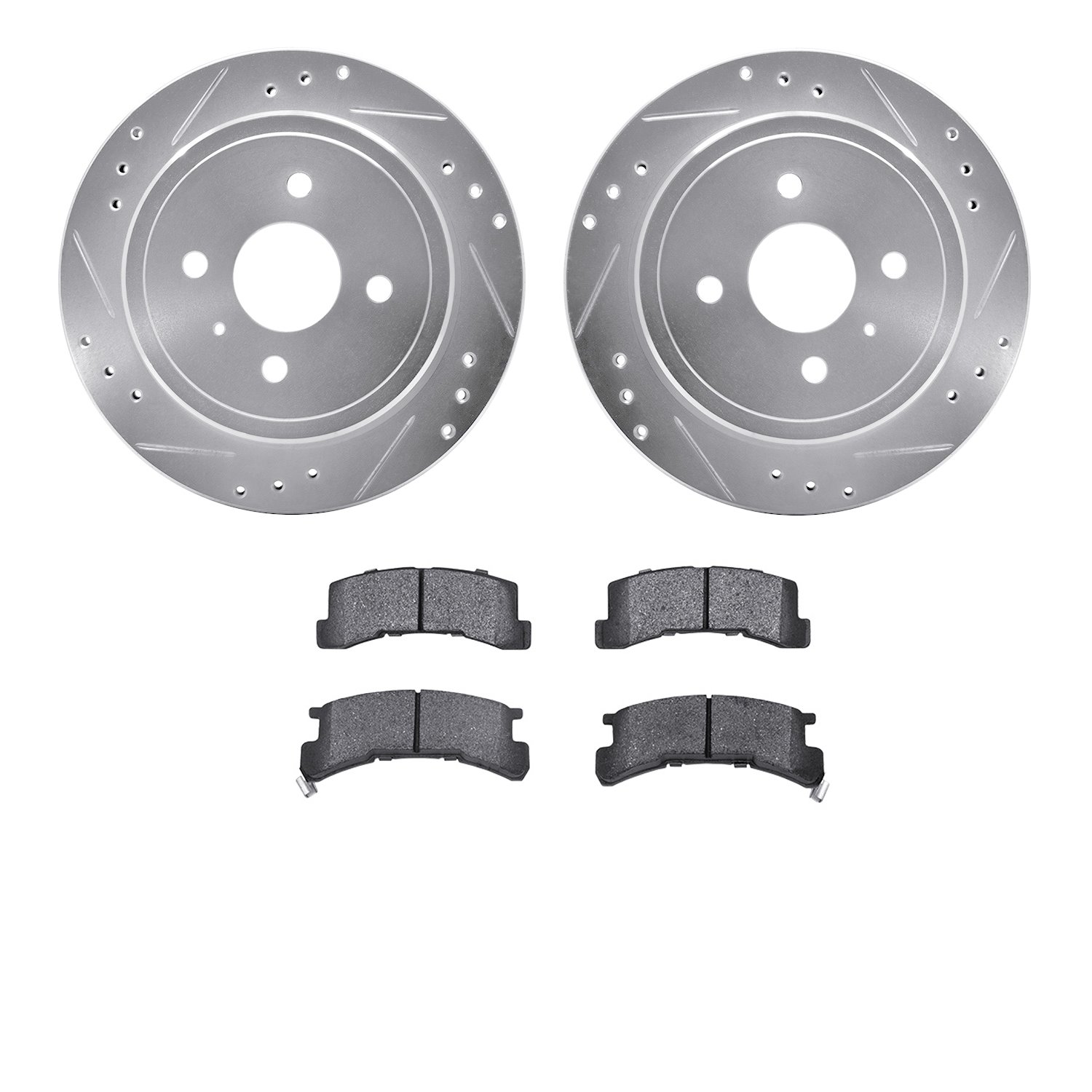 7502-37007 Drilled/Slotted Brake Rotors w/5000 Advanced Brake Pads Kit [Silver], 1983-1990 GM, Position: Rear