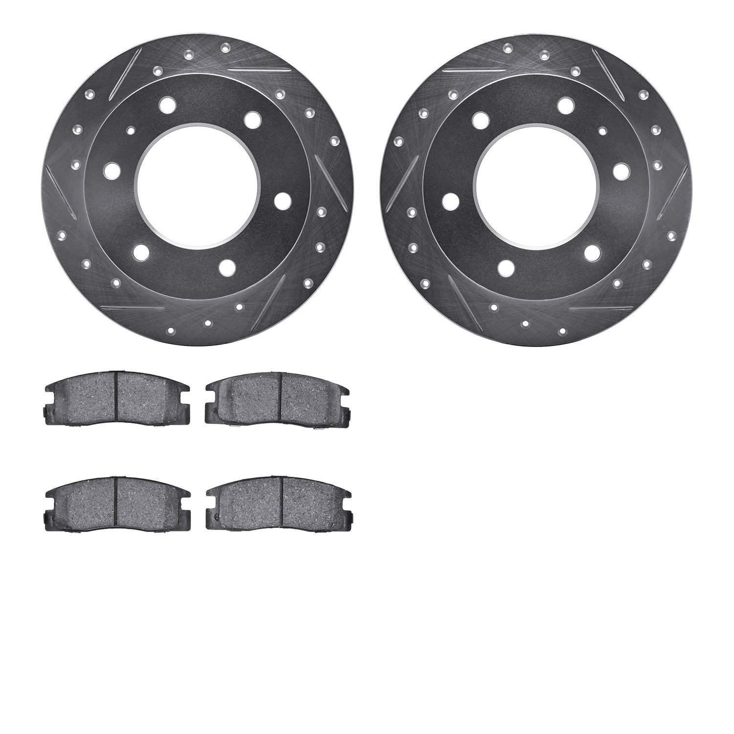 7502-37009 Drilled/Slotted Brake Rotors w/5000 Advanced Brake Pads Kit [Silver], 1988-1995 GM, Position: Rear