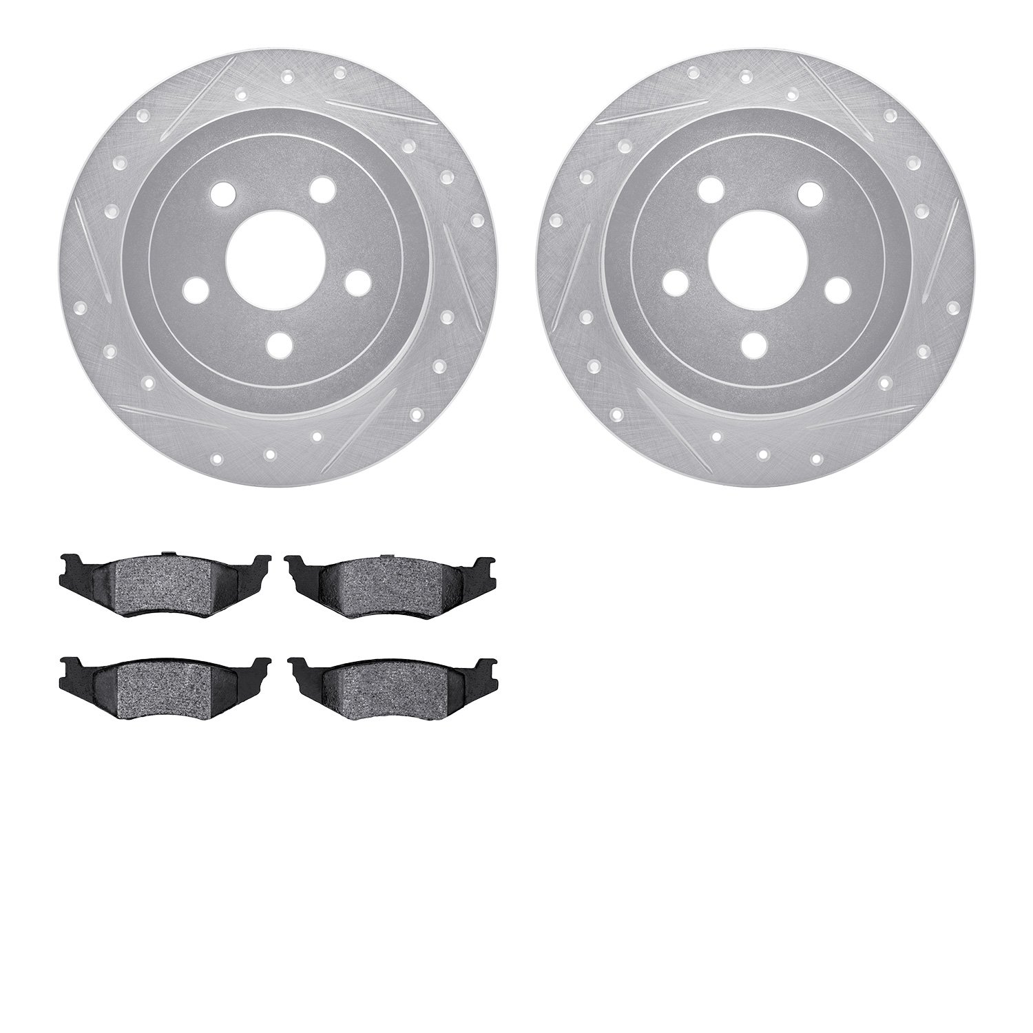 7502-39004 Drilled/Slotted Brake Rotors w/5000 Advanced Brake Pads Kit [Silver], 1995-2007 Mopar, Position: Rear