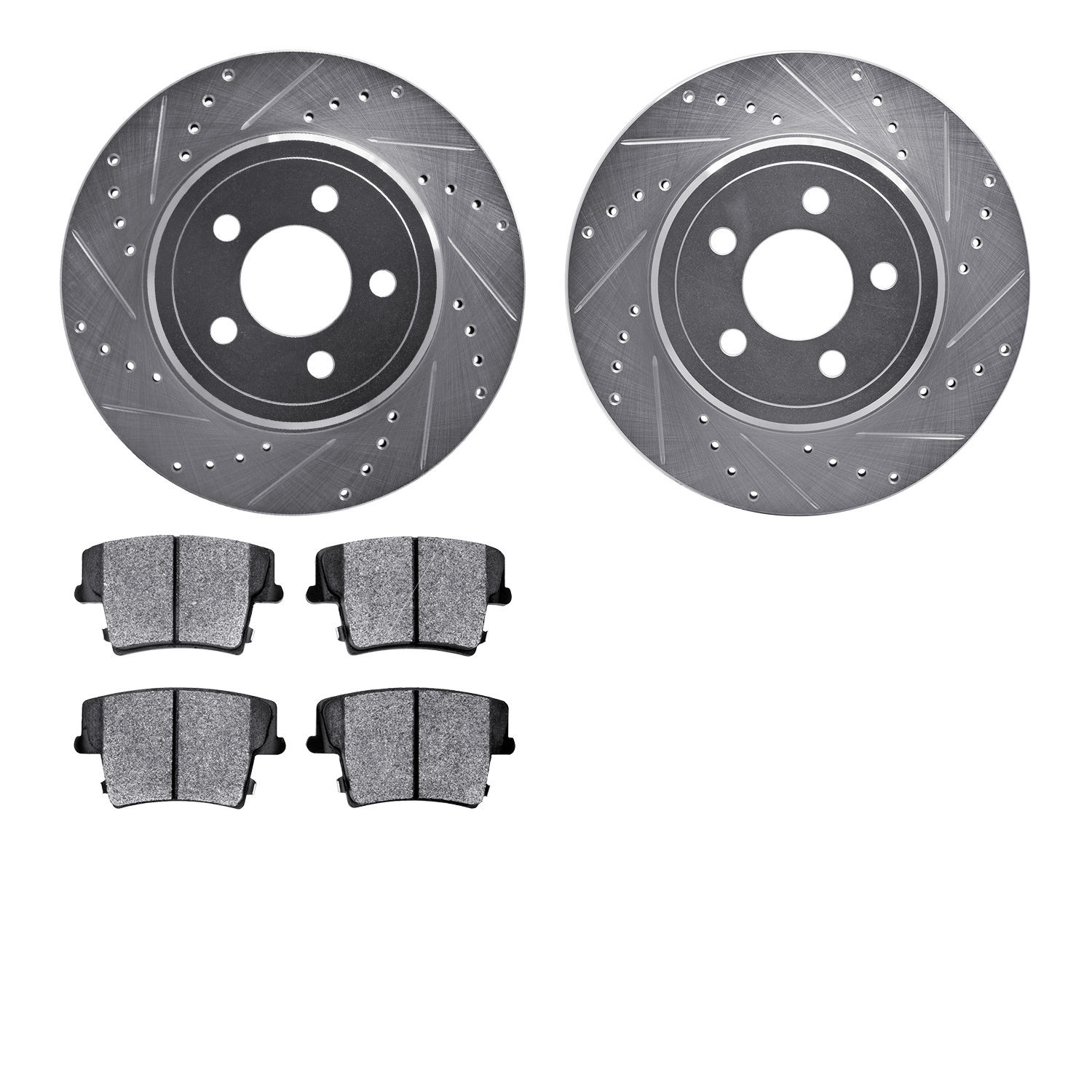 7502-39009 Drilled/Slotted Brake Rotors w/5000 Advanced Brake Pads Kit [Silver], Fits Select Mopar, Position: Rear