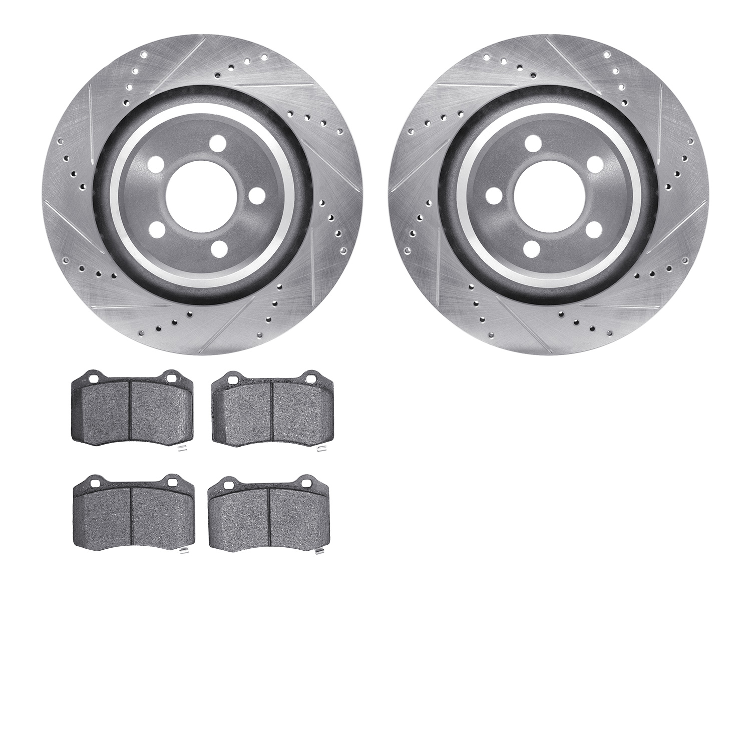 7502-39011 Drilled/Slotted Brake Rotors w/5000 Advanced Brake Pads Kit [Silver], Fits Select Mopar, Position: Rear