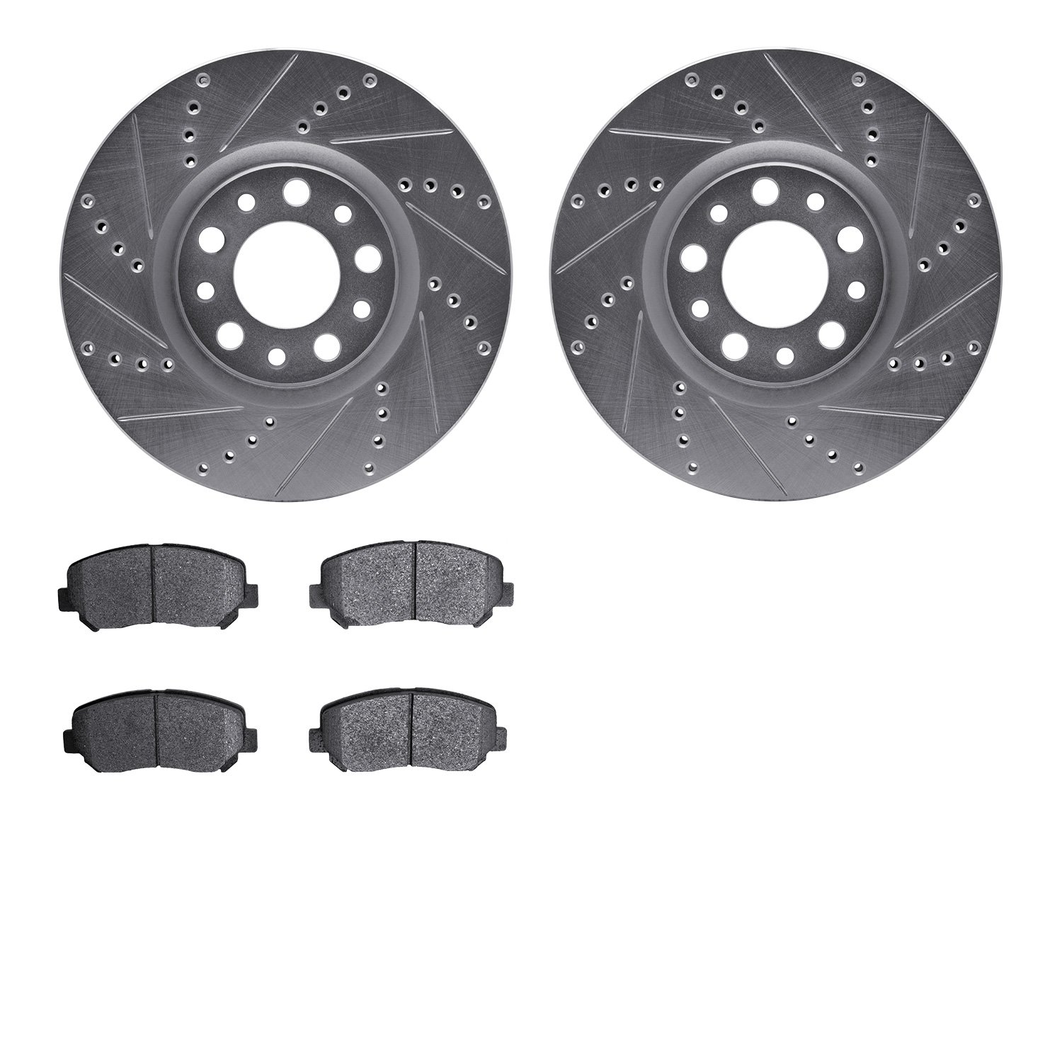 7502-39015 Drilled/Slotted Brake Rotors w/5000 Advanced Brake Pads Kit [Silver], 2013-2017 Mopar, Position: Front