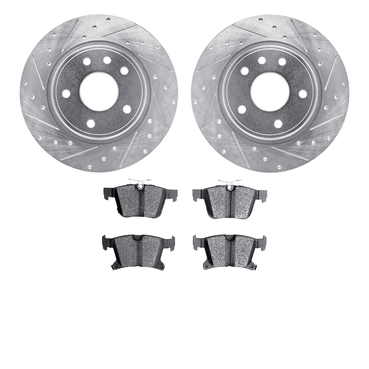 7502-39045 Drilled/Slotted Brake Rotors w/5000 Advanced Brake Pads Kit [Silver], Fits Select Mopar, Position: Rear