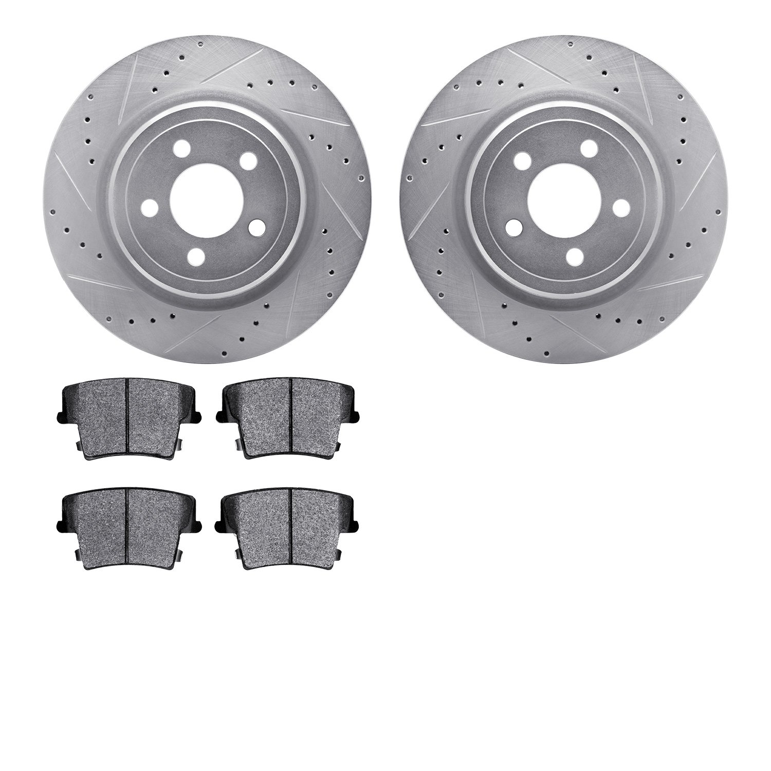 7502-39125 Drilled/Slotted Brake Rotors w/5000 Advanced Brake Pads Kit [Silver], 2006-2014 Mopar, Position: Rear