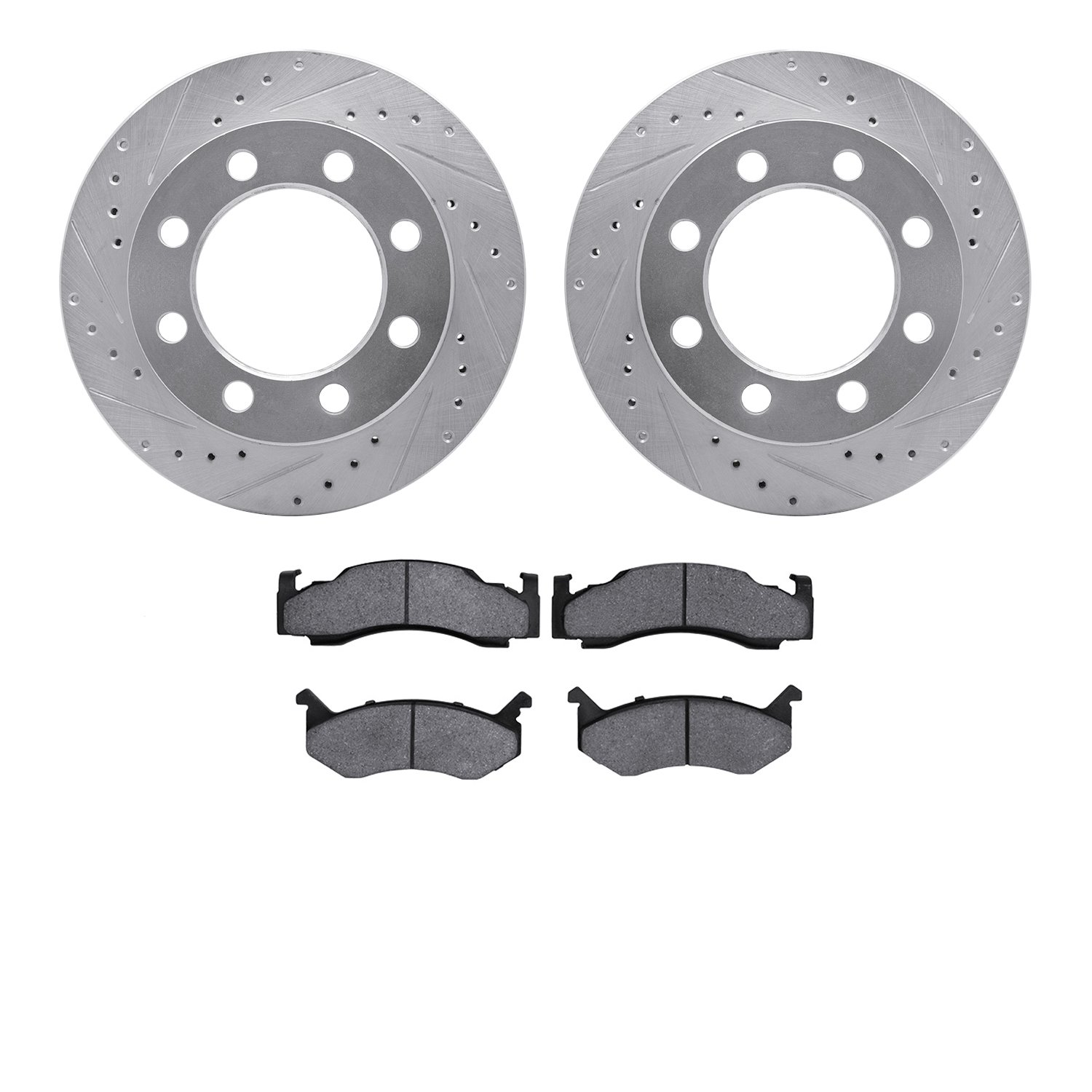 7502-40002 Drilled/Slotted Brake Rotors w/5000 Advanced Brake Pads Kit [Silver], 1973-1997 Mopar, Position: Front