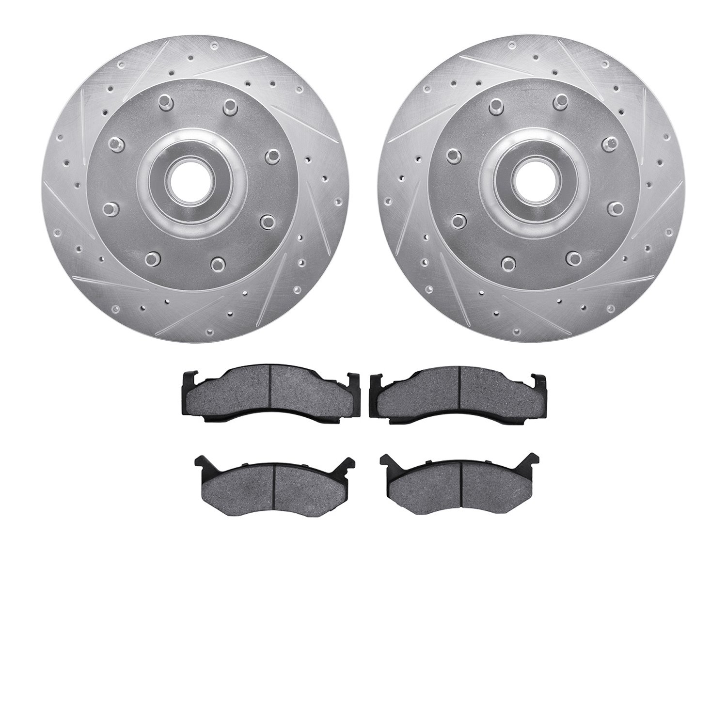 7502-40003 Drilled/Slotted Brake Rotors w/5000 Advanced Brake Pads Kit [Silver], 1978-1997 Mopar, Position: Front