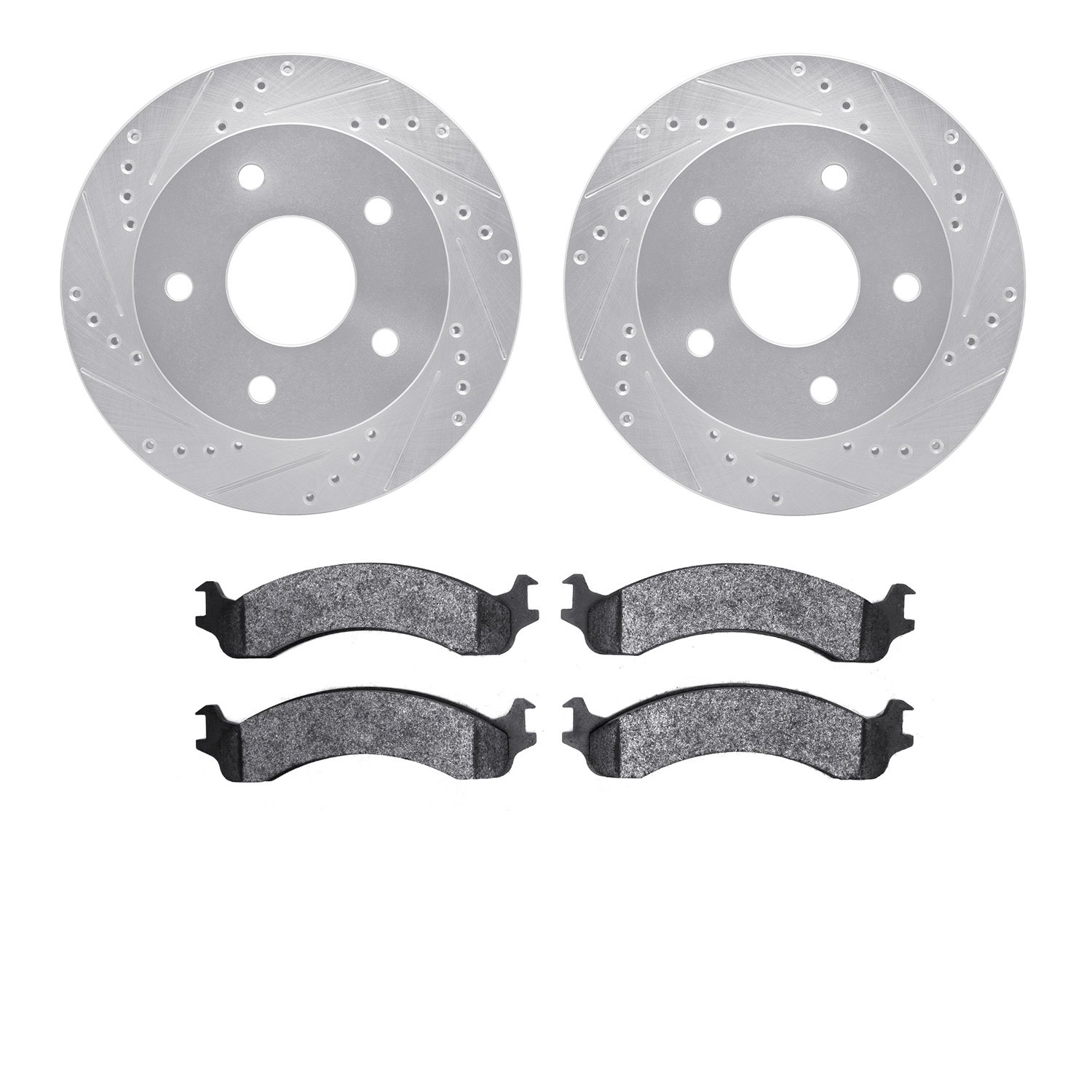 7502-40010 Drilled/Slotted Brake Rotors w/5000 Advanced Brake Pads Kit [Silver], 2000-2001 Mopar, Position: Front