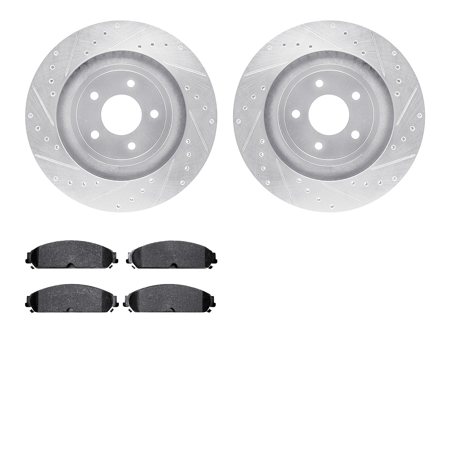 7502-40016 Drilled/Slotted Brake Rotors w/5000 Advanced Brake Pads Kit [Silver], 2013-2014 Mopar, Position: Front