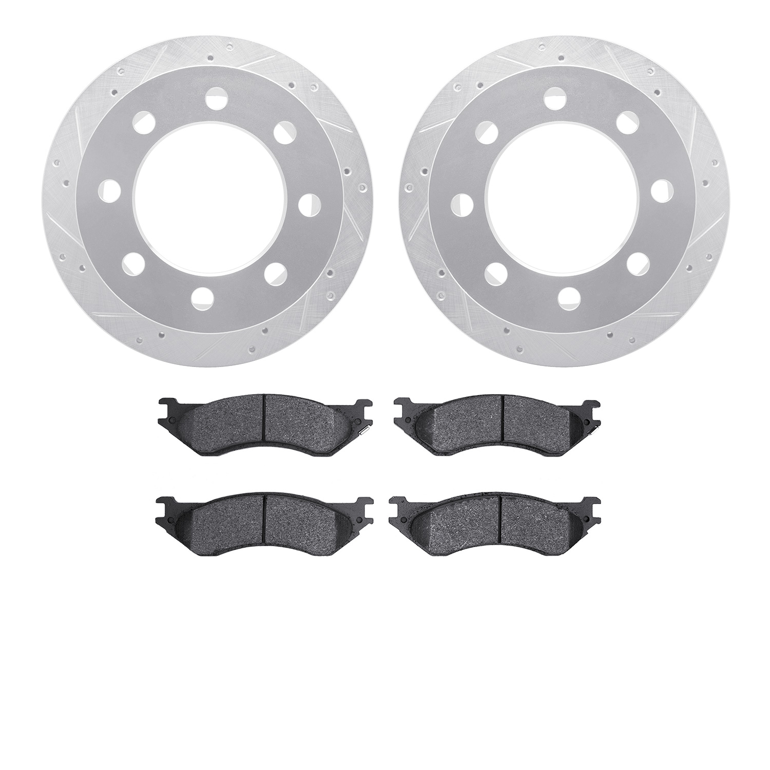 7502-40068 Drilled/Slotted Brake Rotors w/5000 Advanced Brake Pads Kit [Silver], 2000-2002 Mopar, Position: Rear