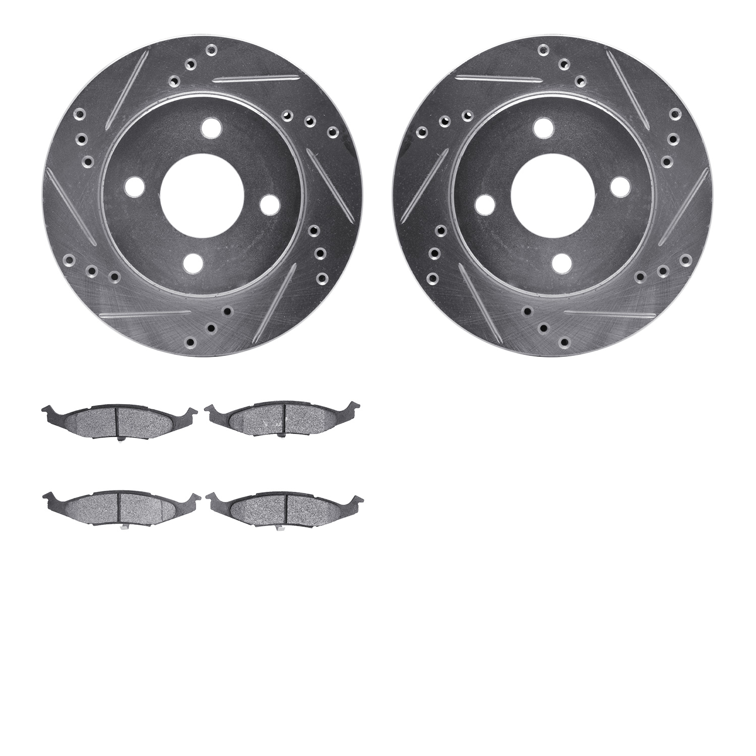 7502-40124 Drilled/Slotted Brake Rotors w/5000 Advanced Brake Pads Kit [Silver], 1995-1996 Mopar, Position: Front