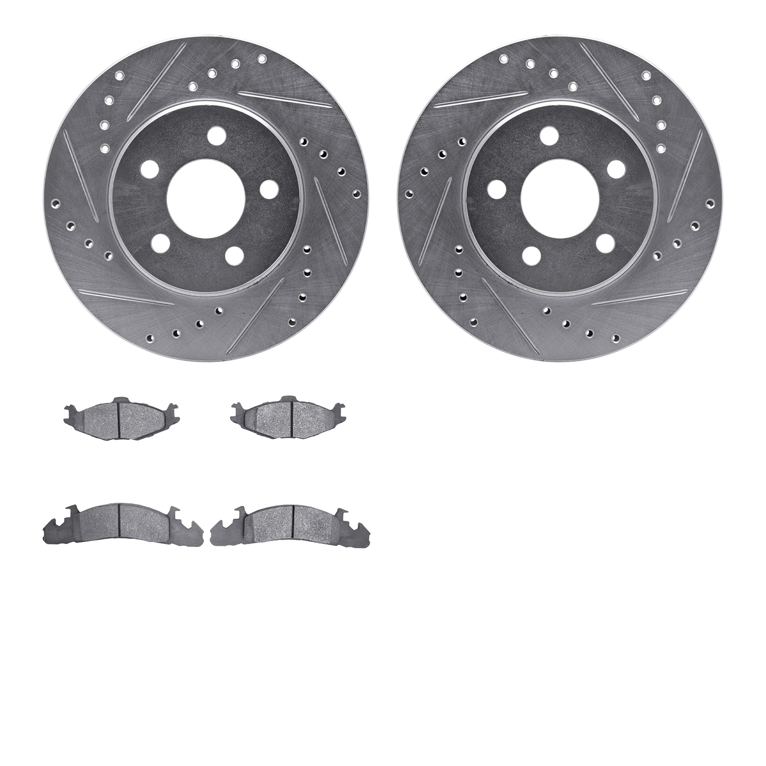 7502-40197 Drilled/Slotted Brake Rotors w/5000 Advanced Brake Pads Kit [Silver], 1986-1990 Mopar, Position: Front