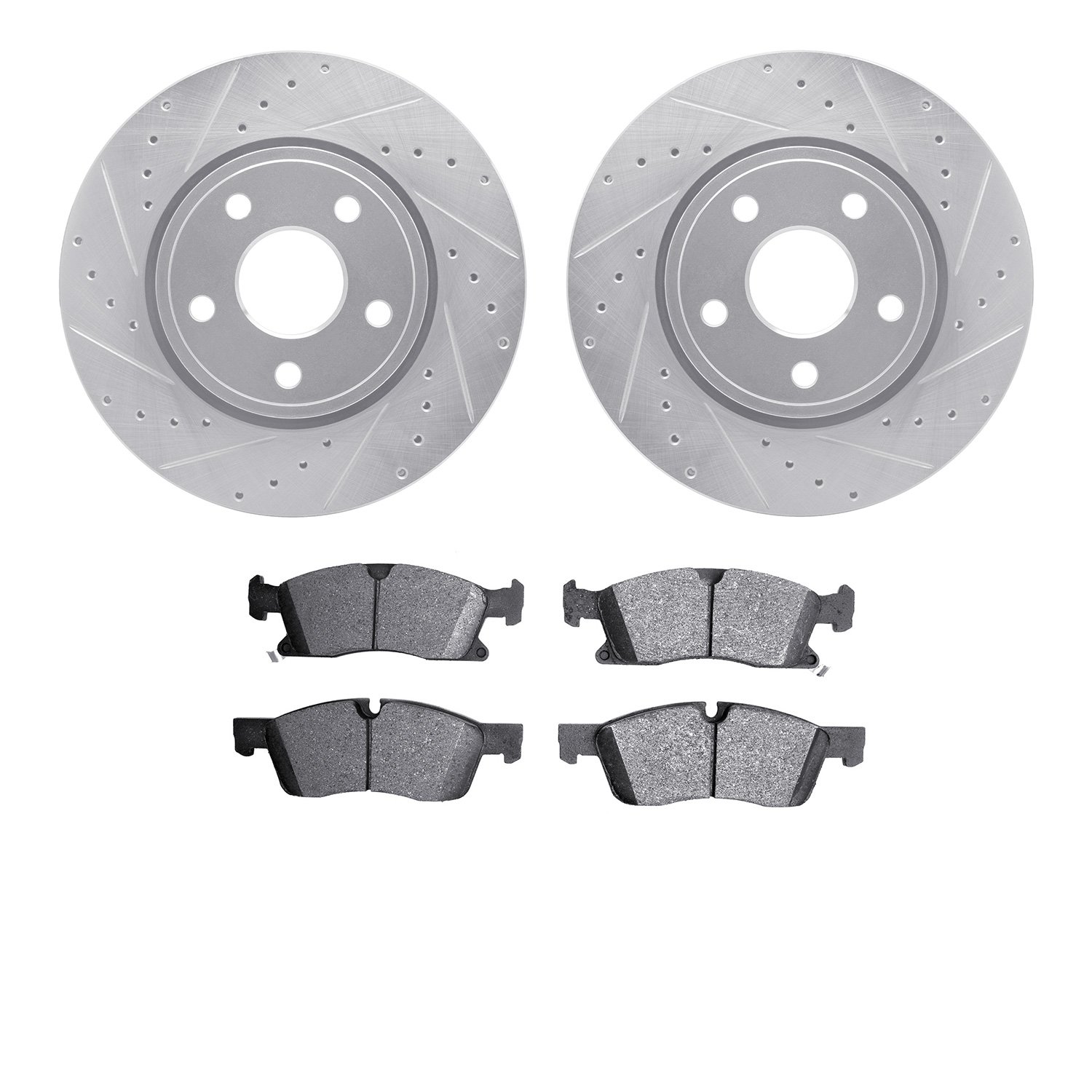 7502-42002 Drilled/Slotted Brake Rotors w/5000 Advanced Brake Pads Kit [Silver], Fits Select Mopar, Position: Front