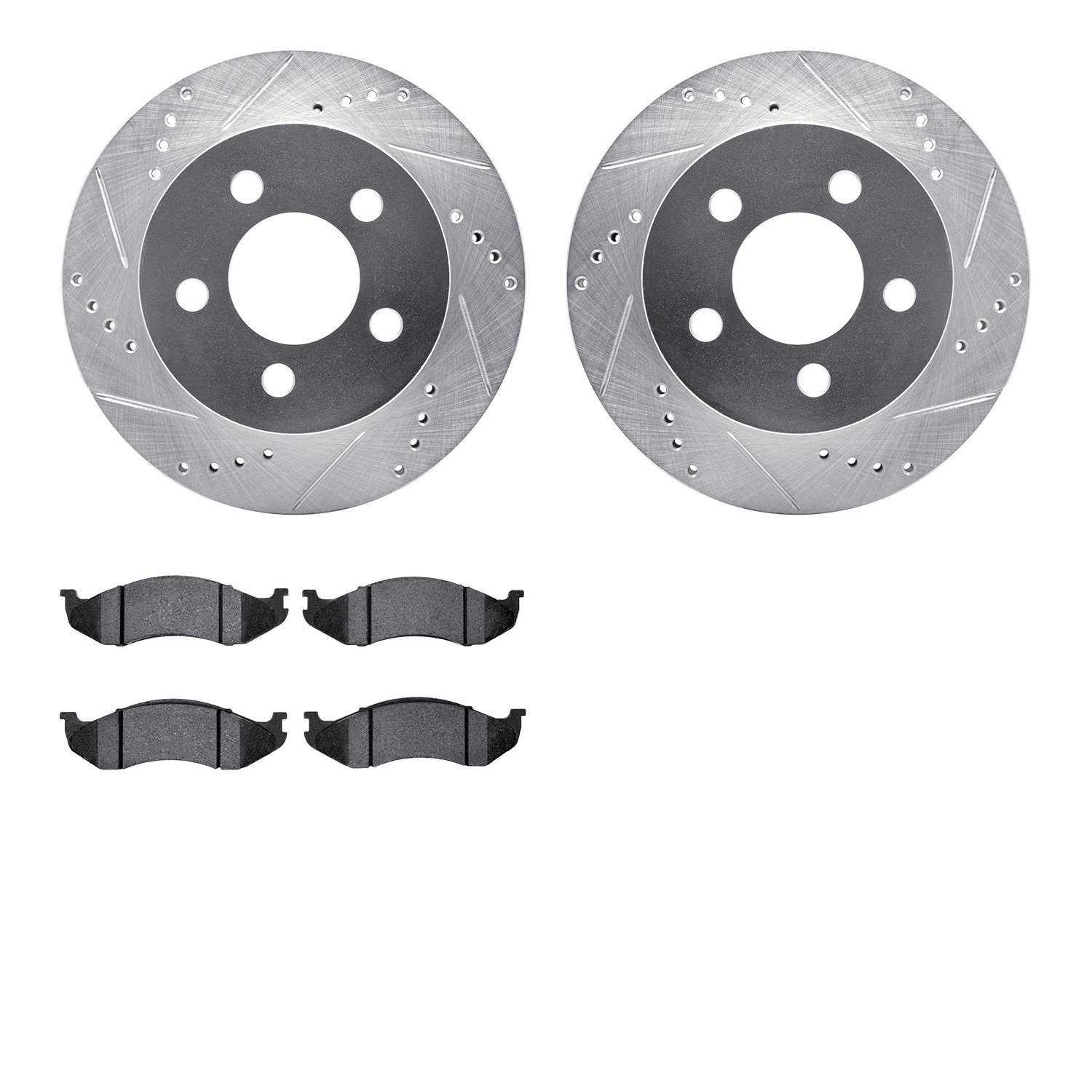 7502-42016 Drilled/Slotted Brake Rotors w/5000 Advanced Brake Pads Kit [Silver], 1999-2006 Mopar, Position: Front