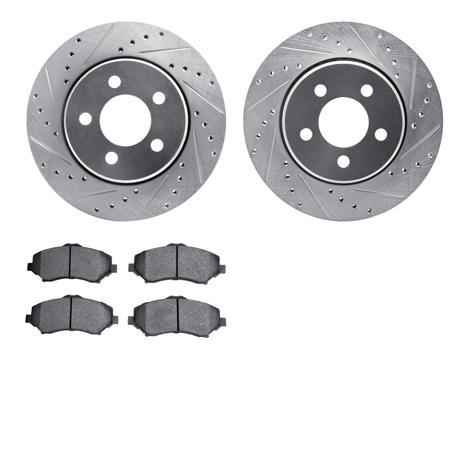 7502-42030 Drilled/Slotted Brake Rotors w/5000 Advanced Brake Pads Kit [Silver], 2007-2012 Mopar, Position: Front