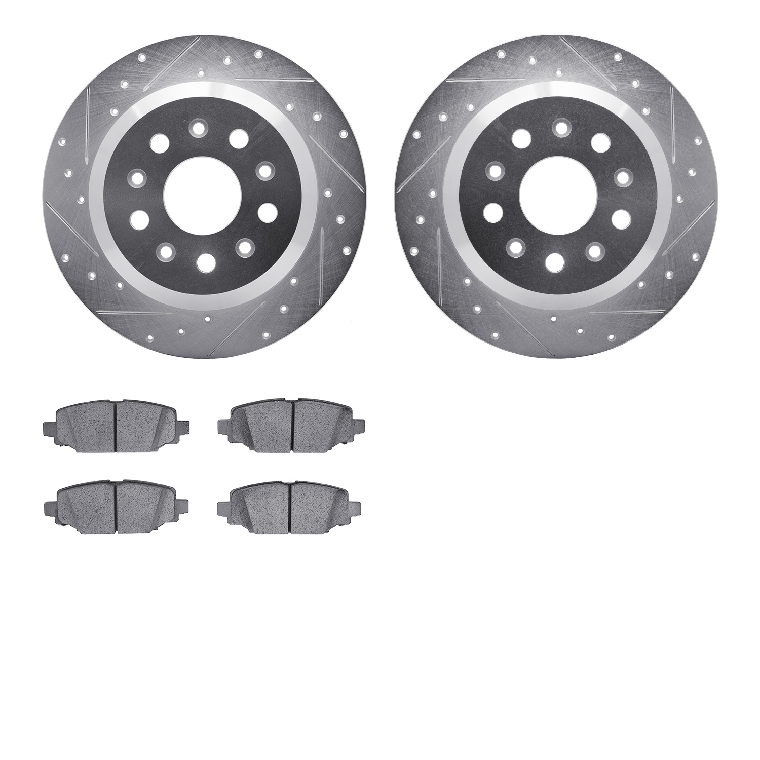 7502-42036 Drilled/Slotted Brake Rotors w/5000 Advanced Brake Pads Kit [Silver], Fits Select Mopar, Position: Rear