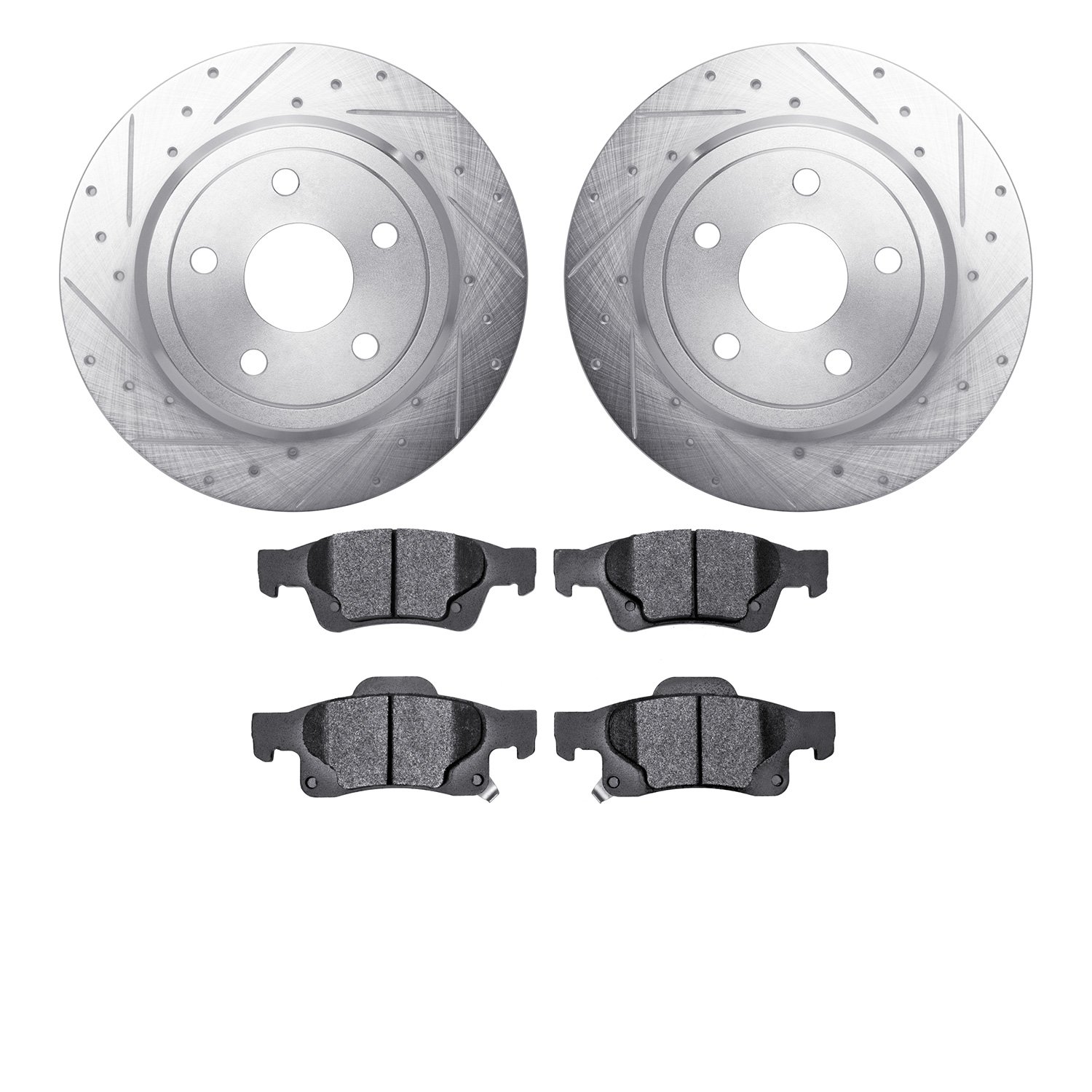 7502-42037 Drilled/Slotted Brake Rotors w/5000 Advanced Brake Pads Kit [Silver], Fits Select Mopar, Position: Rear