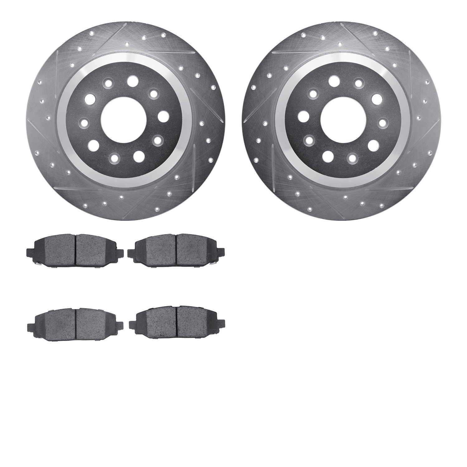 7502-42041 Drilled/Slotted Brake Rotors w/5000 Advanced Brake Pads Kit [Silver], Fits Select Mopar, Position: Rear