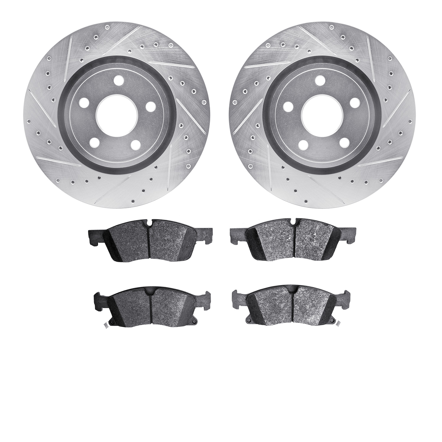 7502-42049 Drilled/Slotted Brake Rotors w/5000 Advanced Brake Pads Kit [Silver], 2013-2021 Mopar, Position: Front