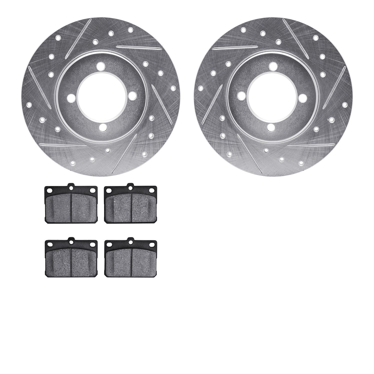 7502-43001 Drilled/Slotted Brake Rotors w/5000 Advanced Brake Pads Kit [Silver], 1974-1987 Multiple Makes/Models, Position: Fron