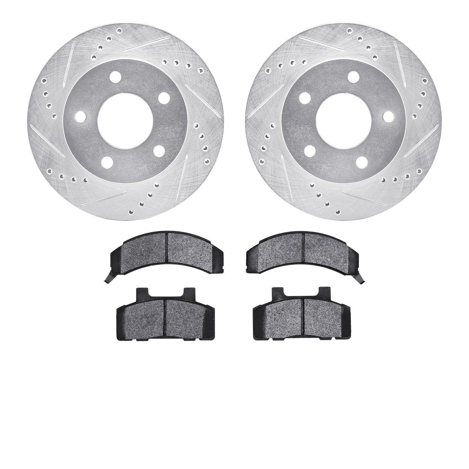 7502-45053 Drilled/Slotted Brake Rotors w/5000 Advanced Brake Pads Kit [Silver], 1983-1996 GM, Position: Front