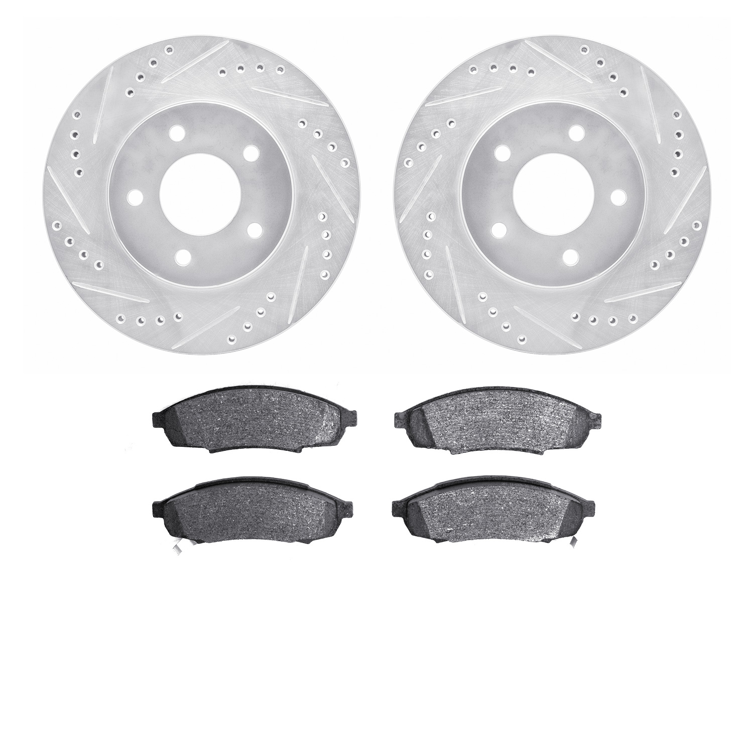 7502-45071 Drilled/Slotted Brake Rotors w/5000 Advanced Brake Pads Kit [Silver], 1994-2001 GM, Position: Front