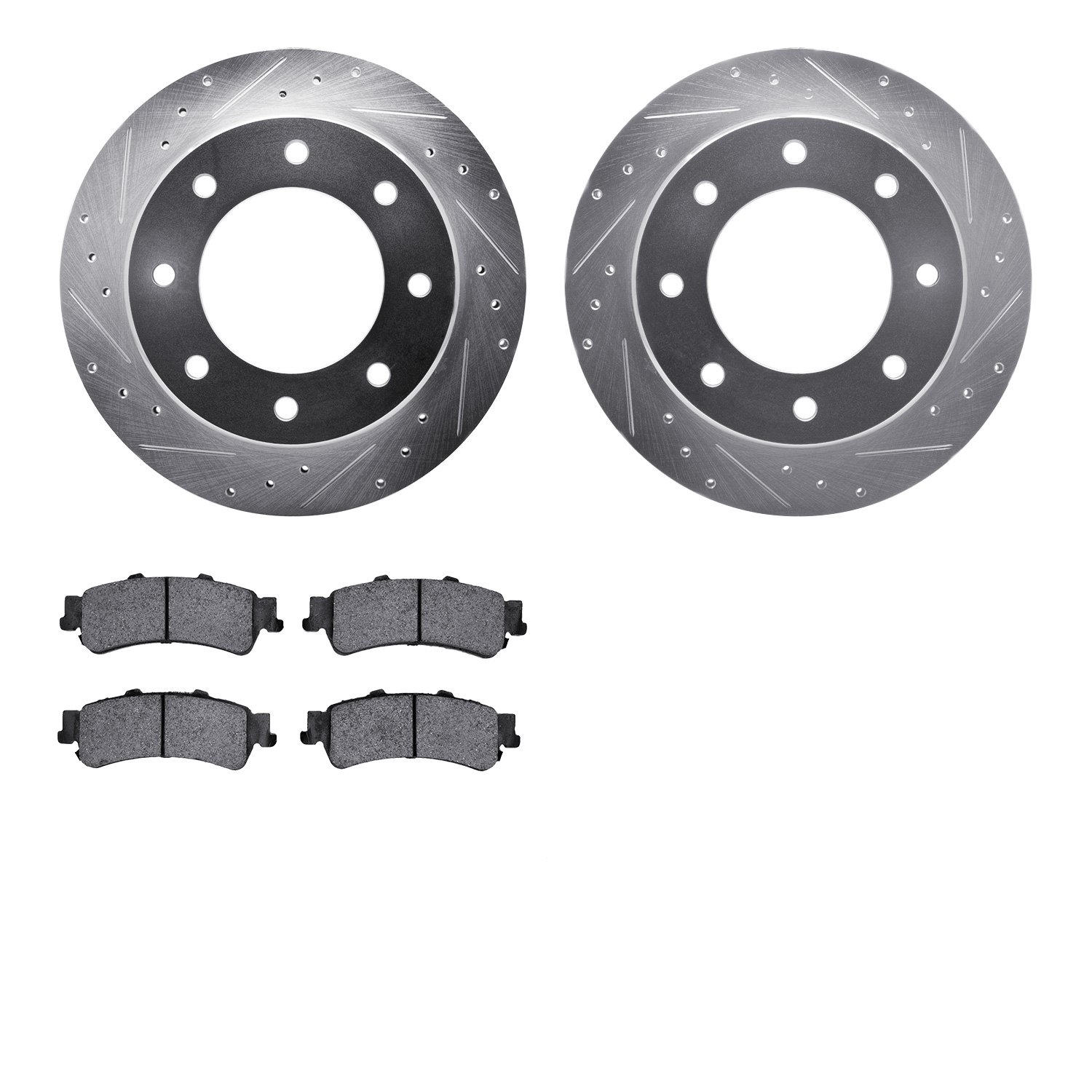 7502-46004 Drilled/Slotted Brake Rotors w/5000 Advanced Brake Pads Kit [Silver], 2000-2011 GM, Position: Rear