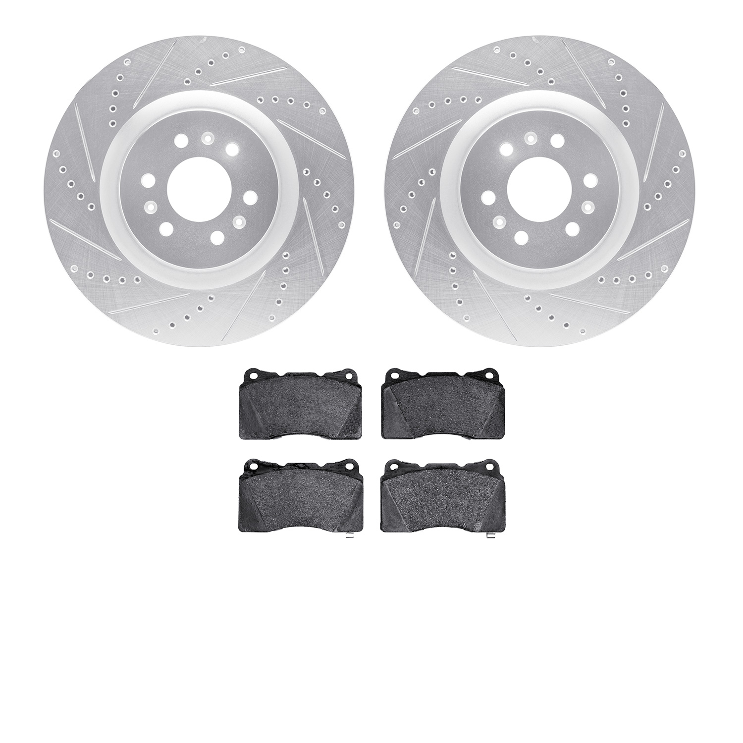 7502-46009 Drilled/Slotted Brake Rotors w/5000 Advanced Brake Pads Kit [Silver], 2004-2011 GM, Position: Front