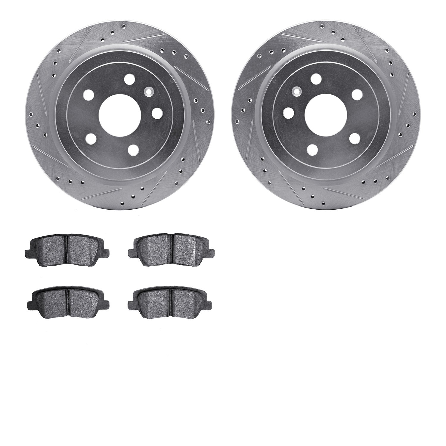 7502-46017 Drilled/Slotted Brake Rotors w/5000 Advanced Brake Pads Kit [Silver], 2014-2019 GM, Position: Rear